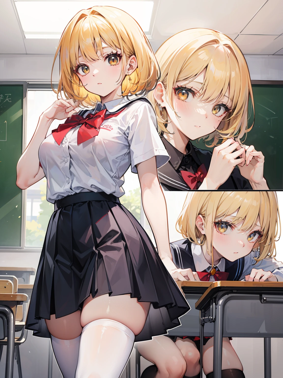 Dynamic posing, dynamic angle, Arrange pose,Top quality work, (short golden hair),(golden eyes), Rose cheeks, Pretty Face, A perfectly proportioned face, school shirt with red bow and black skirt, (school uniform),  white stockings，in classroom， amazing, Large round chest、Beautiful eye details、Beautiful eyelashes、beautiful double eyelid,  with blush cheeks, talking to viewer, multiple faces with different expressions