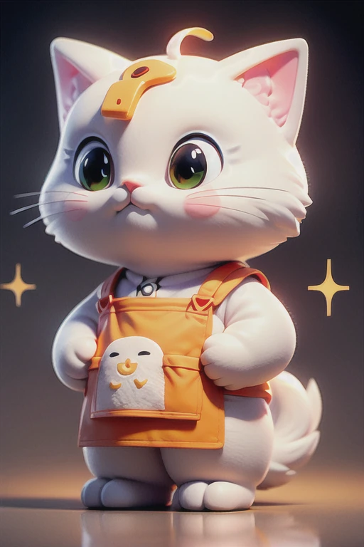 Pixar Style,Cat,No humans,white Cat,animal,apron,alone,animal focus,Ramen shop,Beard,clothed animal,pocket,fluffy,Sparkling Eyes、The noodles are boiled