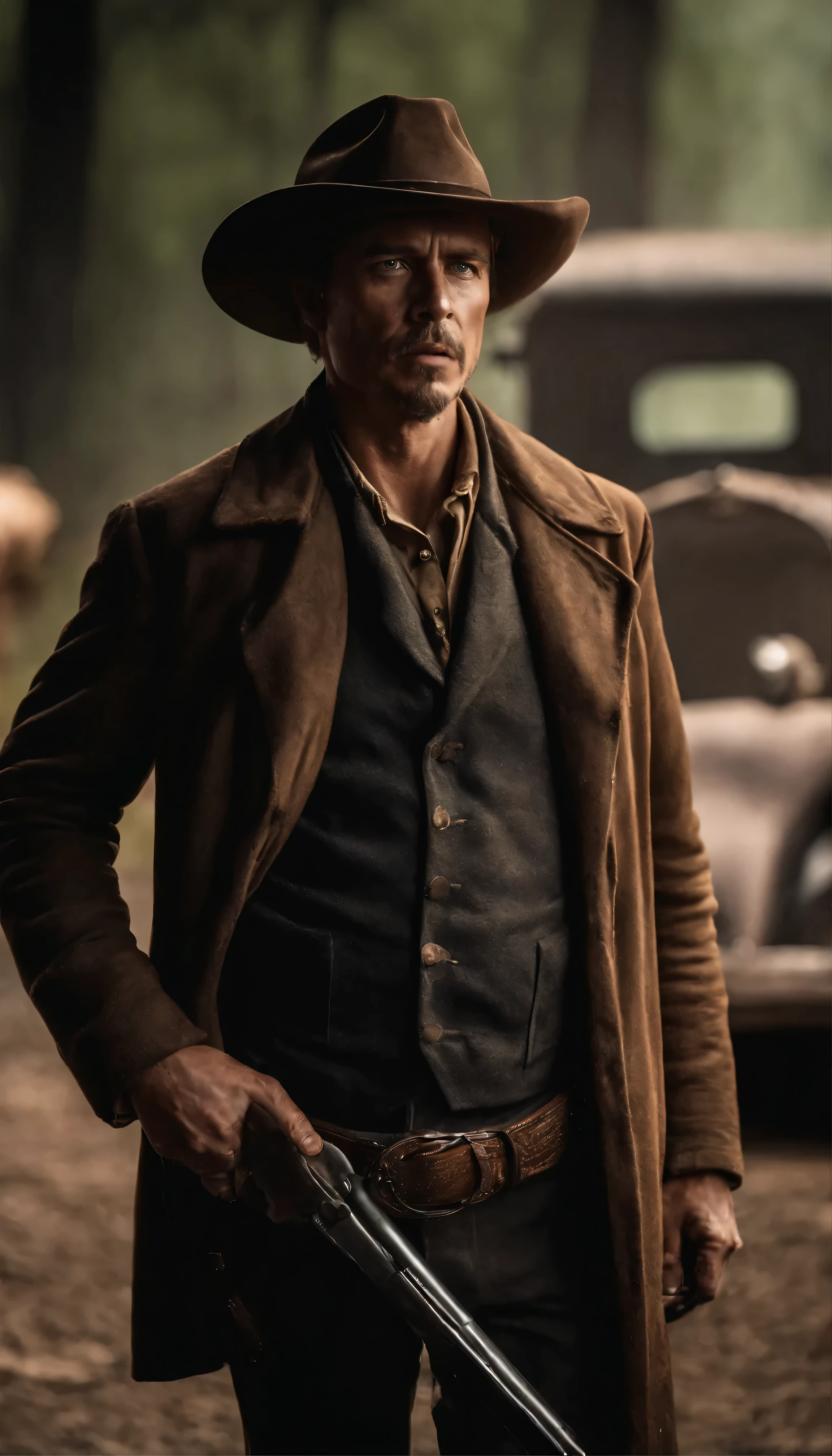 In a high-definition scene from the movie that evokes the Wild West、The film depicts legendary outlaw Billy the Kid, played by Brad Pitt, standing boldly in a dimly lit bar.。With a smirk、Casually holding a gun in each hand、Point the camera straight、It exudes an aura of both menace and charisma.。This image was taken in the highest quality possible.、His weathered leather jacket、Dusty bar atmosphere、The cold steel glare of a pistol、Showing off intricate detail。This amazing video is full of cinematic drama.、A testament to the exquisite artistry of modern filmmaking.。