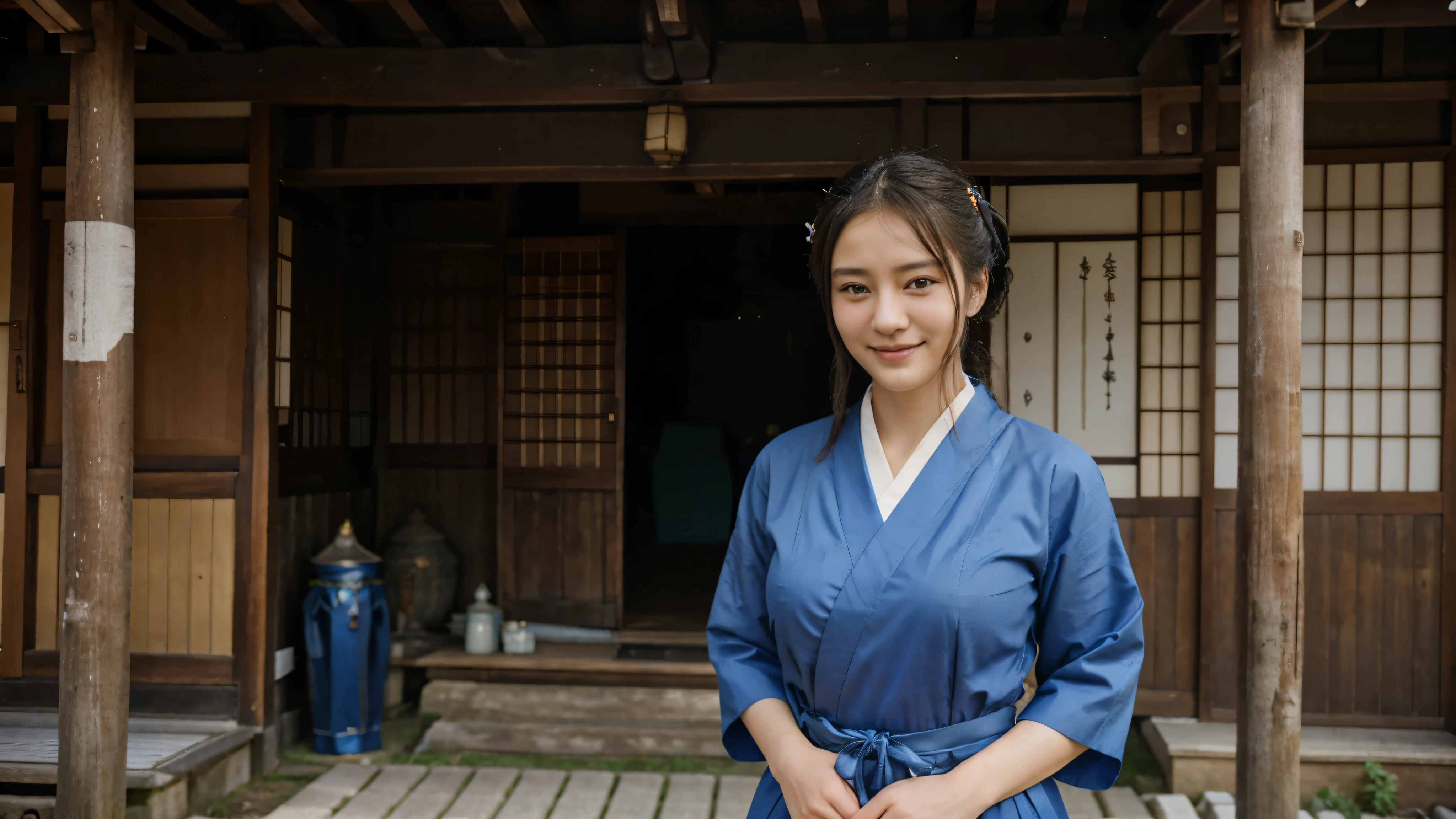 an elegant and beautiful woman is smiling sweetly facing the camera, wearing blue traditional Japanese clothing, in the photo there is a rural background with a peaceful atmosphere,