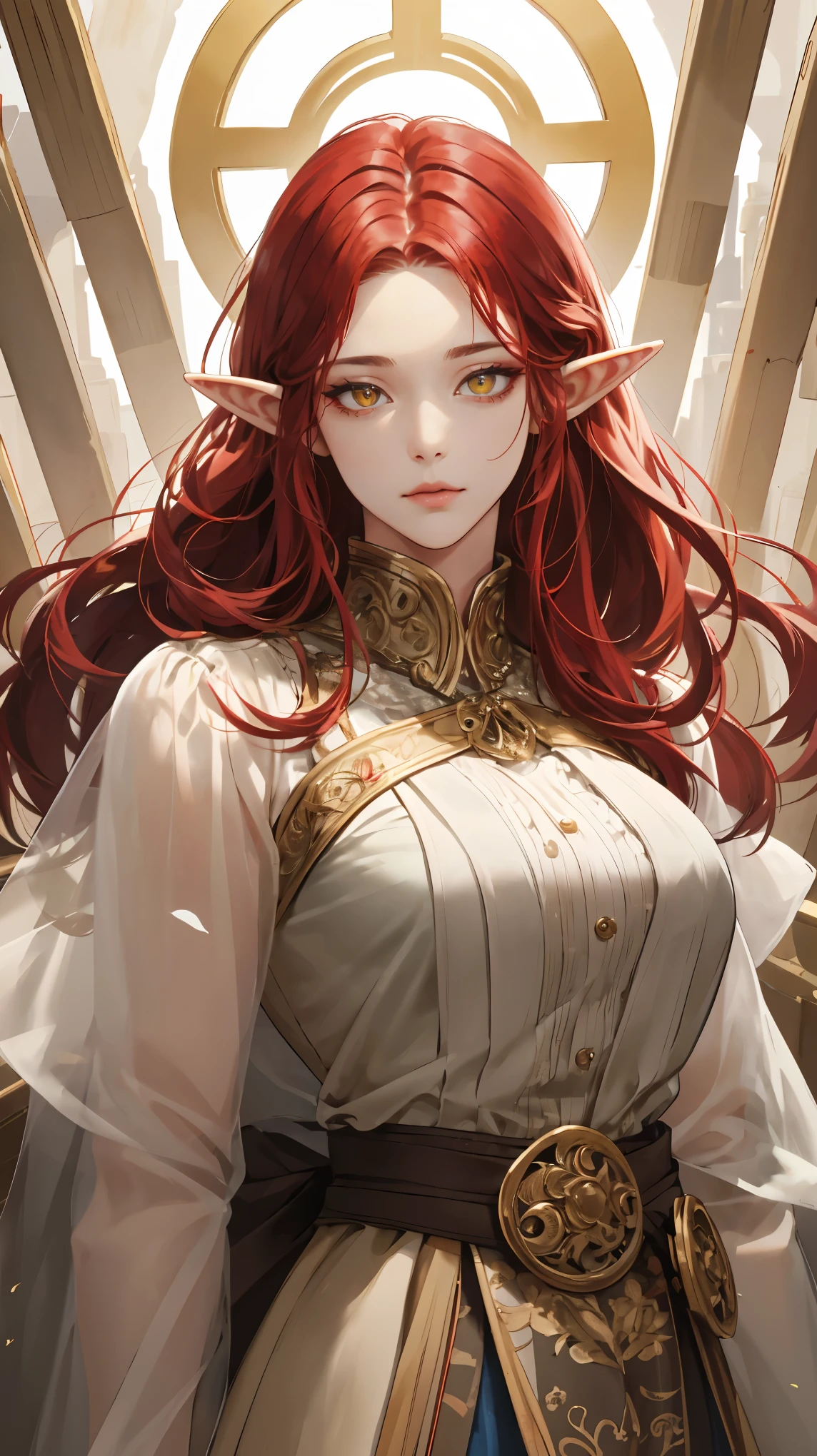 (Extremely Delicate and Beautiful:1.2), 8K ,elf ears,(Masterpiece:1.0),(best_quality:1.0), 1girl, mature woman, complex details, enlarged textures, complex details, finely detailed eyes and detailed face, intricate details, red hair, (closed mouth), perfect eyes, equal eyes, (goddess), perfect body, extremely detailed,golden eyes