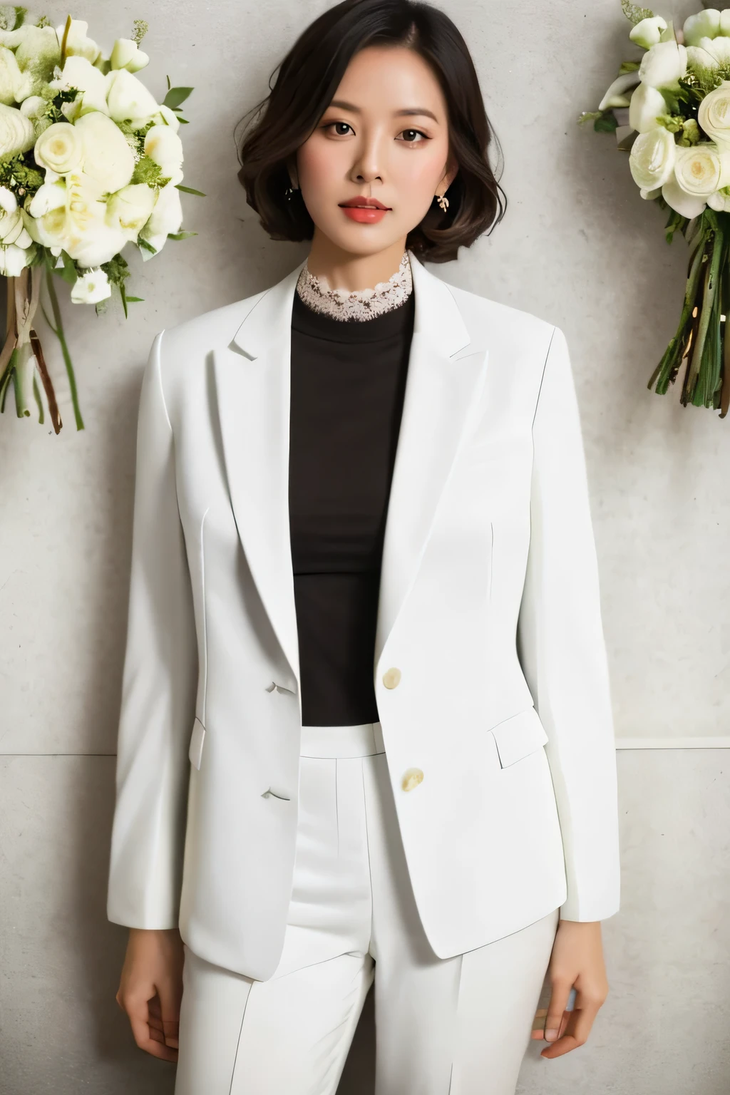1girll,(solo person:1.4),(white business suit:1.4),A bouquet of white flowers,No shirt