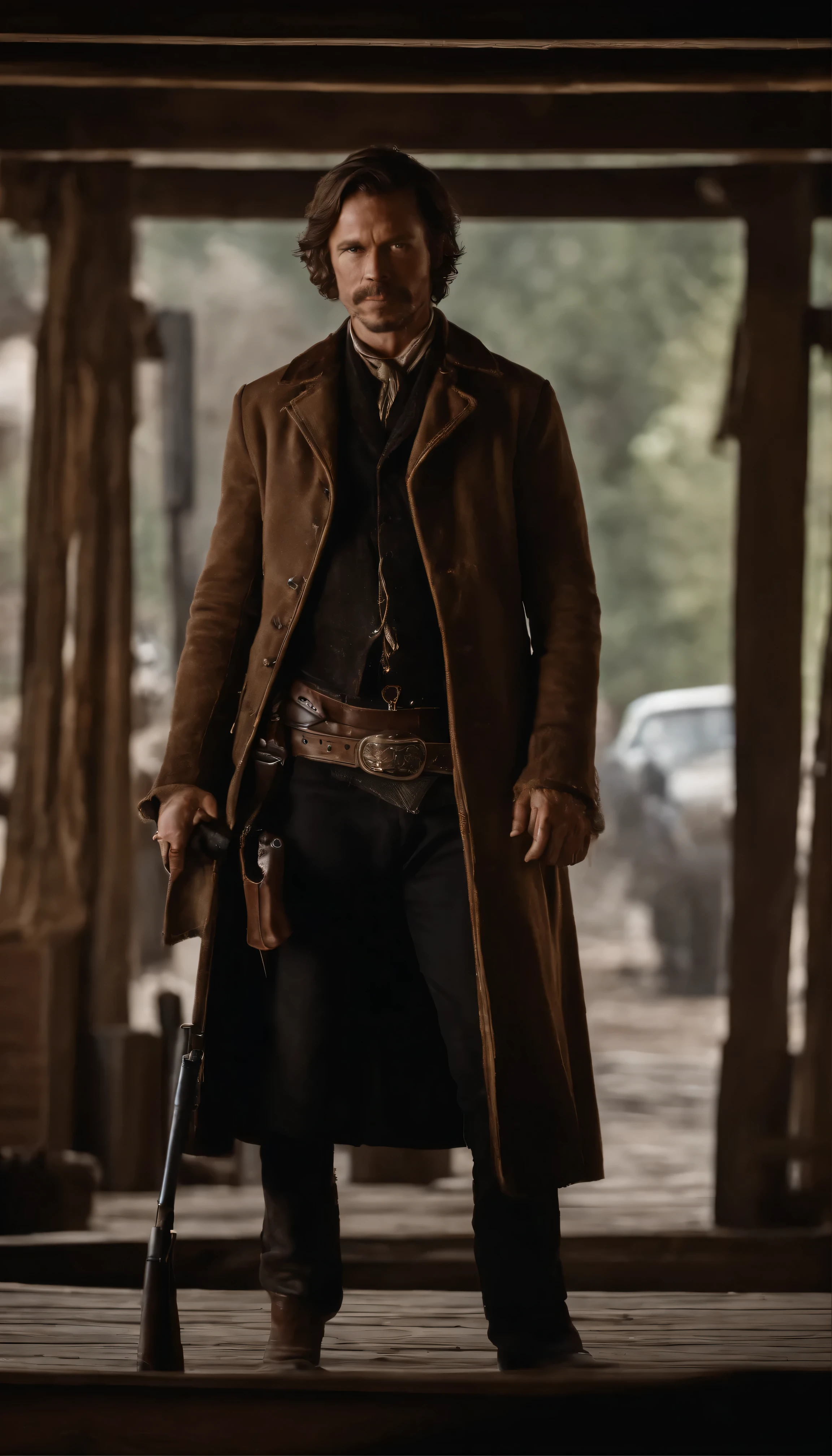 In a high-definition scene from the movie that evokes the Wild West、The film depicts legendary outlaw Billy the Kid, played by Brad Pitt, standing boldly in a dimly lit bar.。With a smirk、Casually holding a gun in each hand、Point the camera straight、It exudes an aura of both menace and charisma.。This image was taken in the highest quality possible.、His weathered leather jacket、Dusty bar atmosphere、The cold steel glare of a pistol、Showing off intricate detail。This amazing video is full of cinematic drama.、A testament to the exquisite artistry of modern filmmaking.。