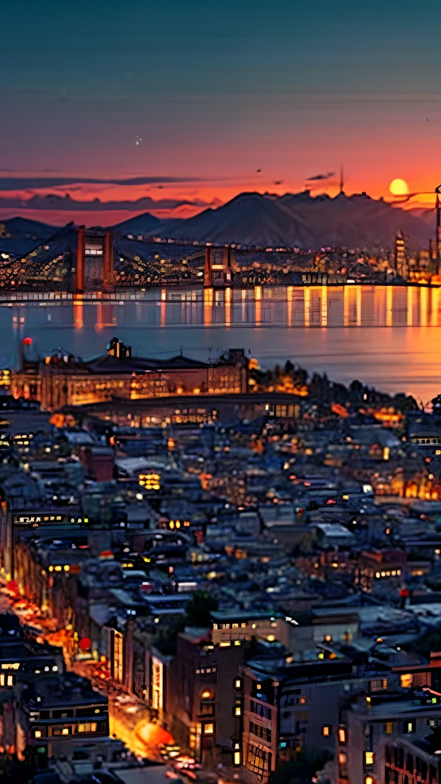 hiper-realista, textura realista, dramatic lighting, (melhor qualidade:1.1), Imagine soaring above San Francisco in the 1980s, capturing a panoramic view of the city's unique charm and bustling energy. The iconic Golden Gate Bridge stretches majestically across the bay, its orange towers contrasting vividly with the deep blue waters below. The city's famous rolling hills are dotted with classic Victorian houses, their colorful facades adding a nostalgic touch to the urban landscape. Downtown, the skyline is a mix of historic and modern buildings, with the Transamerica Pyramid standing tall as a testament to the era's architectural ambition. The streets are alive with activity—vintage cable cars clatter along their tracks, while classic cars and buses navigate the hilly terrain. The Bay Area Rapid Transit (BART) system hums beneath the surface, connecting the city's diverse neighborhoods. Neon signs and billboards light up the night, advertising everything from music venues to tech companies that hint at the coming Silicon Valley boom. The waterfront is bustling with life, with fishermen, street performers, and locals enjoying the vibrant atmosphere at Fisherman's Wharf. The setting sun casts a golden glow over the city, and as the lights of San Francisco begin to twinkle, the city exudes a captivating blend of historical charm and forward-looking spirit. It's a snapshot of an era where the city's dynamic culture and scenic beauty combine to create an unforgettable urban tapestry."