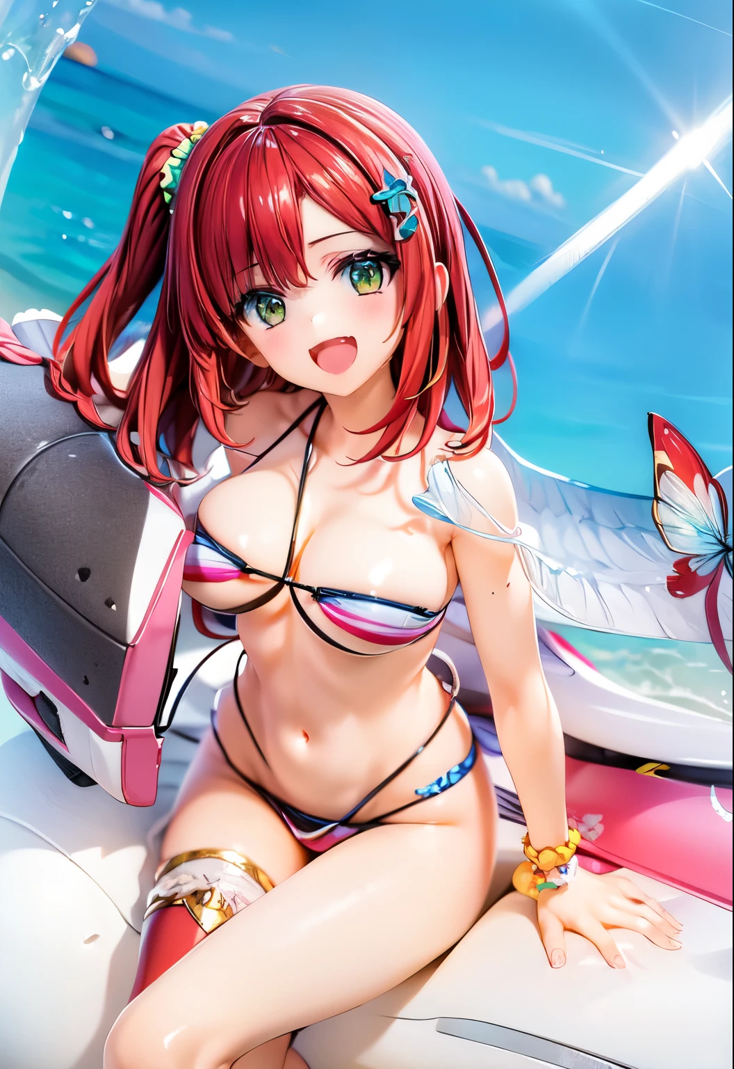 best quality, masterpiece, extremely detailed CG, official art , professional lighting, detailed background, sakimiyairuka, red hair, green eyes, one side up, medium hair, green scrunchie, hair ornament, gleaming skin, big breasts, micro bikini