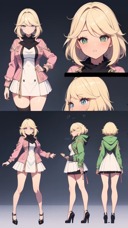 High resolution image, 8k quality, perfectly intricate details, (((perfectly detailed illustration))), 3D anime style, facing the viewer, front view, side view, back view, (((*attention*))), ( ((same character))), (((same outfit))), Character design sheet. Upskirt.1 girl, alone, (((mature woman))), (((full body))). medium hair, blonde hair, medium breasts. (((perfect and detailed face))), (((very exaggerated puffy cheeks))), (((very exaggerated pout))), mouth, full lips, closed mouth, blush. Perfectly detailed eyes, crying, almond eyes, aquamarine eyes, tears. dress, white and green dress. pink jacket, open jacket, puff sleeves, long sleeves, hood. standing, legs apart, wide thighs, medium hips. stockings, black heels.