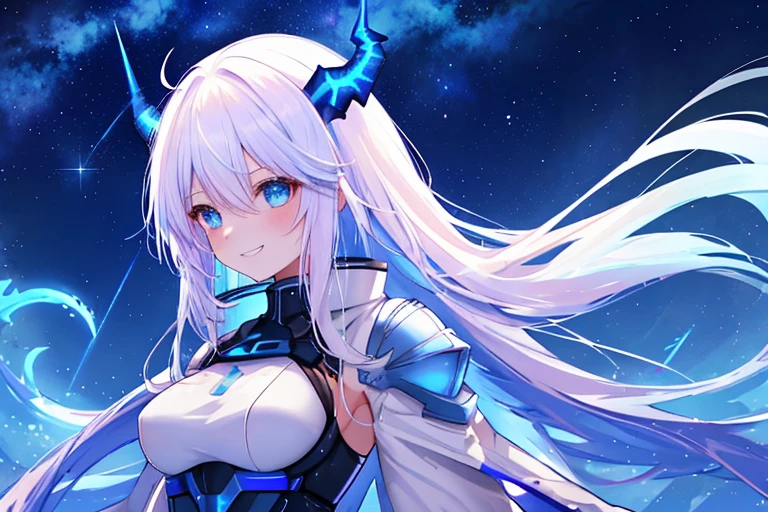 night,Sky Blue Eyes,Combat Uniform,front,Upper Body,Big Eyes,milky way,Long Hair,Gradient Color,Town,neon,milky way,Brilliance(masterpiece, highest quality, figure, Very high quality, high resolution, extremely delicate writing), (Platinum Blonde Hair:1), woman,horn,ドラゴンのhorn,adult,Backlight,Strong light,Grin,Dragon&#39;s Eye,Mechanical wings,highlight,青のhighlight,neonhighlight