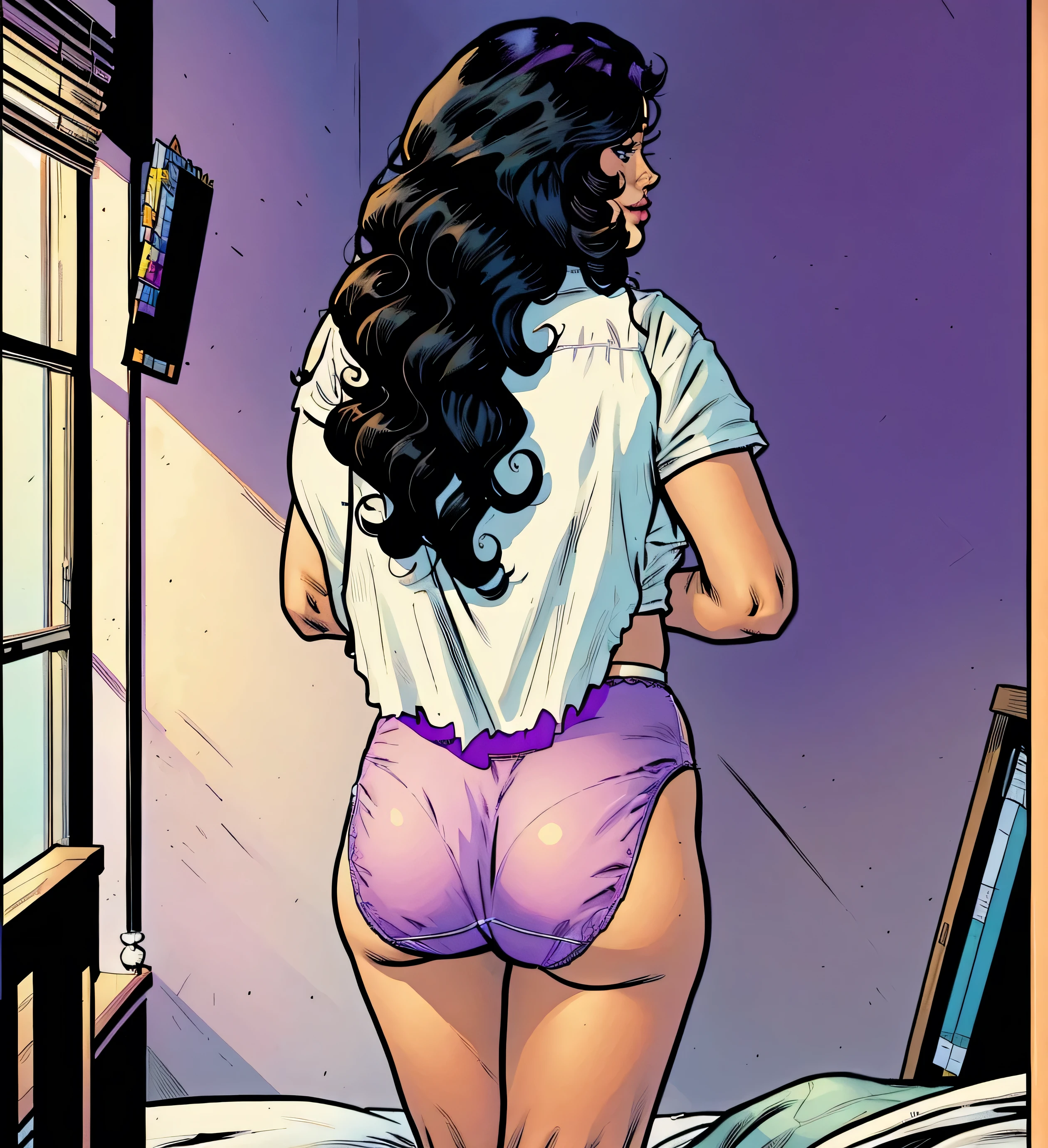 ((masterpiece, best quality)), ((((perfect anatomy)))), ((33 year old)), (((Curvy))), ((Black woman with long black curly hair)), in ((white fullback panties)), ((purple shirt)), ((wide hips)), (standing in bedroom), smirking, (((Back shot))), (((comic book art style)))