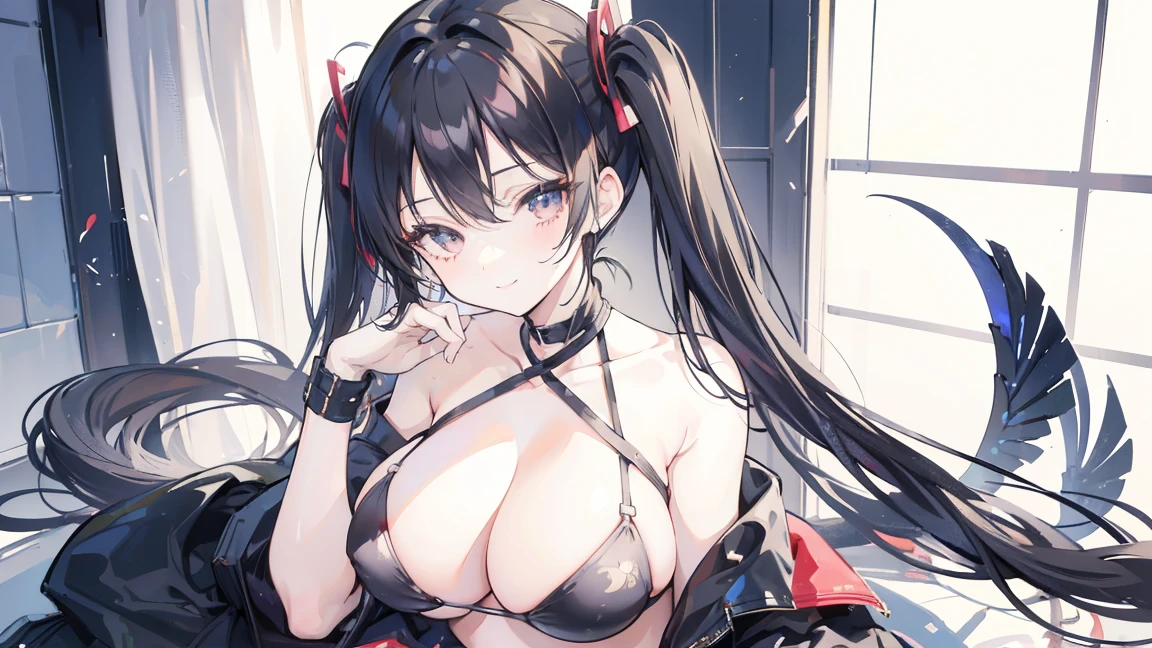 masterpiece,anime style,chibi,sexy girl,black hair,shoulder length hair with two pigtails,bikini,smiling,bigger breasts,waiting on the right side of the image,showing cleavage,full body,standing,alone