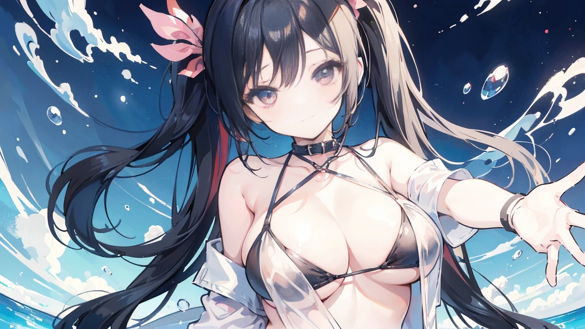 masterpiece,anime style,chibi,sexy girl,black hair,shoulder length hair with two pigtails,bikini,smiling,bigger breasts,waiting on the right side of the image,showing cleavage,full body,standing,alone