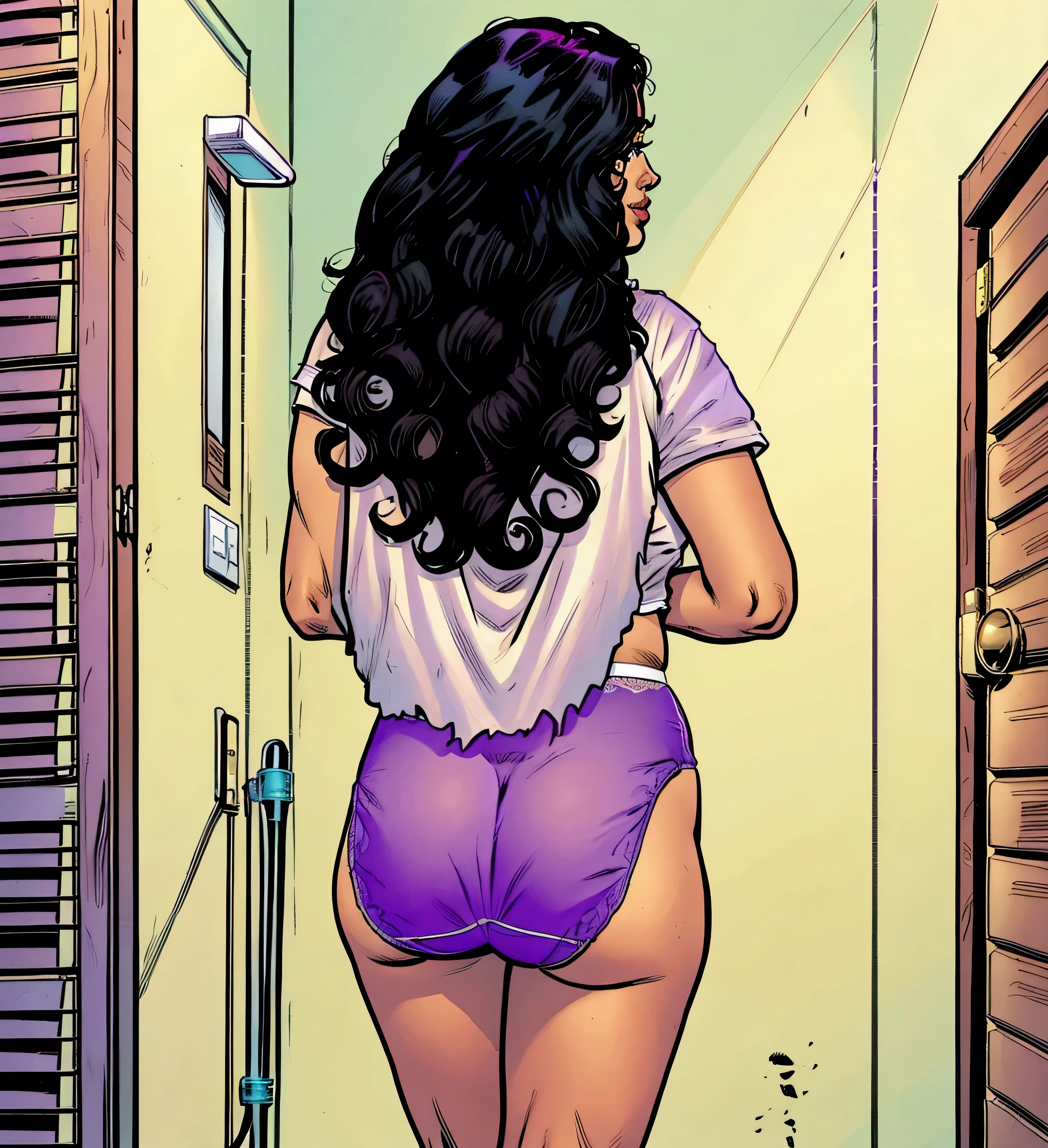 ((masterpiece, best quality)), ((((perfect anatomy)))), ((33 year old)), (((Curvy))), ((Black woman with long black curly hair)), in ((white fullback panties)), ((purple shirt)), ((wide hips)), (standing in bedroom), smirking, (((Back shot))), (((comic book art style)))