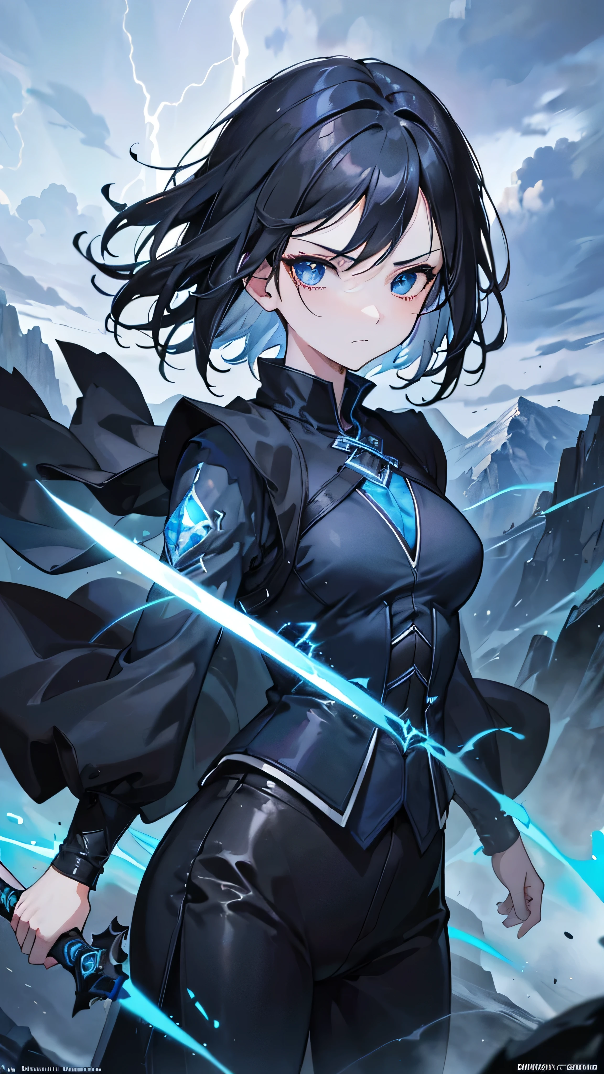 highly detailed, masterpiece, best quality, correct hands, small breasts, short black hair, blue eyes, black robes, black pants, blue shirt, black vest, defined curves, smug look, satisfied look, mountain background, storm, lightning, holding a sword, floating, stormy atmosphere, surrounded by lightning, flying, off the ground