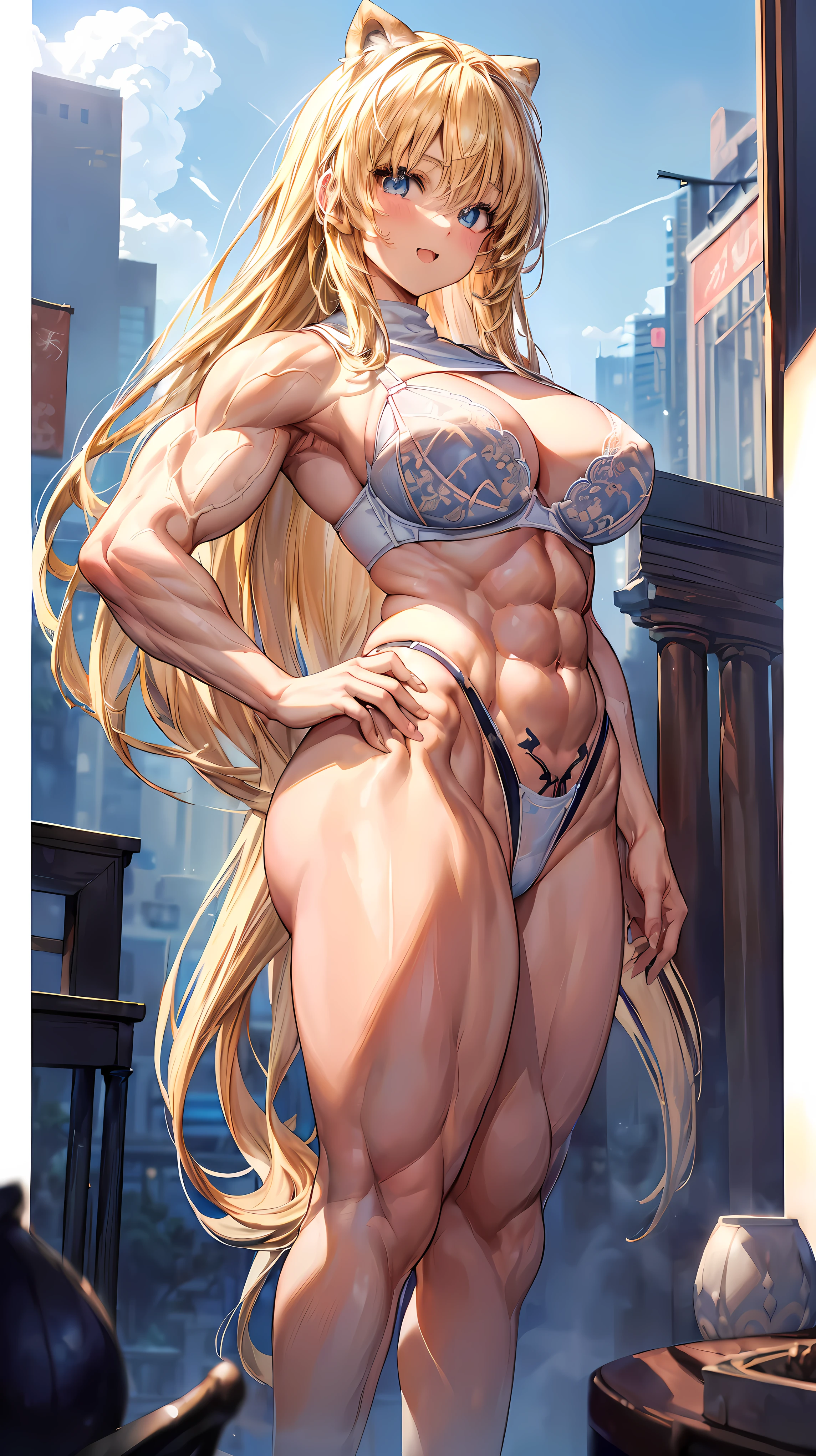 Very detailed、highest quality、Best image quality、masterpiece、8k、Anime Face、A kind smile、(Open your mouth:1.parkling blue eyes、(Blonde semi-long hair:1.5)、(Muscles of the whole body:1.3)、(highleg:2.0)、Thigh belt、(Cowboy Shot:1.5)、(iant)、(Thick body:1.2)、(bra:1.5)、(sxspnHands on hips:1.1)
