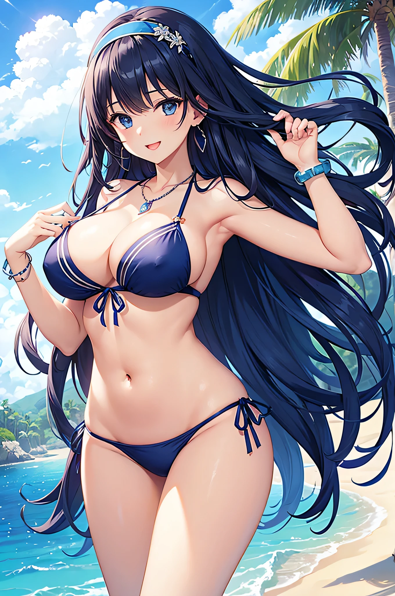 highest quality、Best image quality、masterpiece、beautiful girl、Navy blue long hair、blue eyes、Navy Blue Bikini、Big cleavage、(Big Breasts)、smile、blue necklace、Blue Earrings、background(Beach)、Sexy pose、Please open your mouth wide、White headband、Dynamic Angle、bracelet