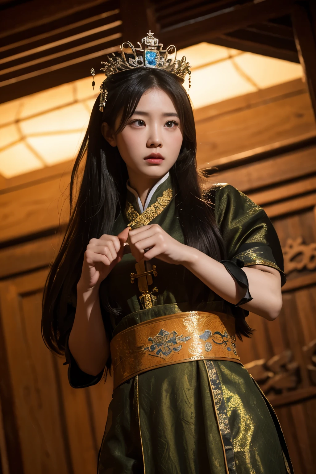In China，The character is a princess trapped in a dungeon，Looks scared and nervous，My hands are tied.