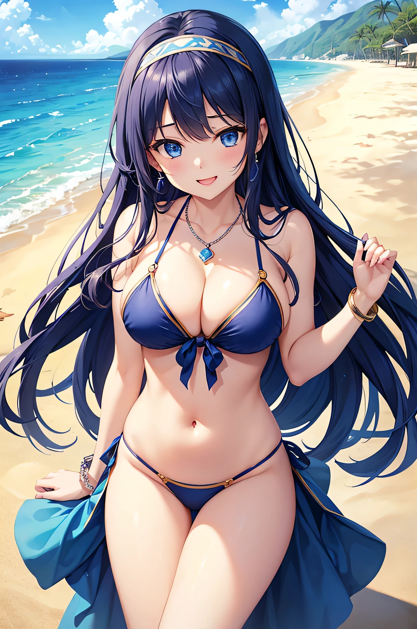 highest quality、Best image quality、masterpiece、beautiful girl、Navy blue long hair、blue eyes、Navy Blue Bikini、Big cleavage、(Big Breasts)、smile、blue necklace、Blue Earrings、background(Beach)、Sexy pose、Please open your mouth wide、White headband、Dynamic Angle、bracelet
