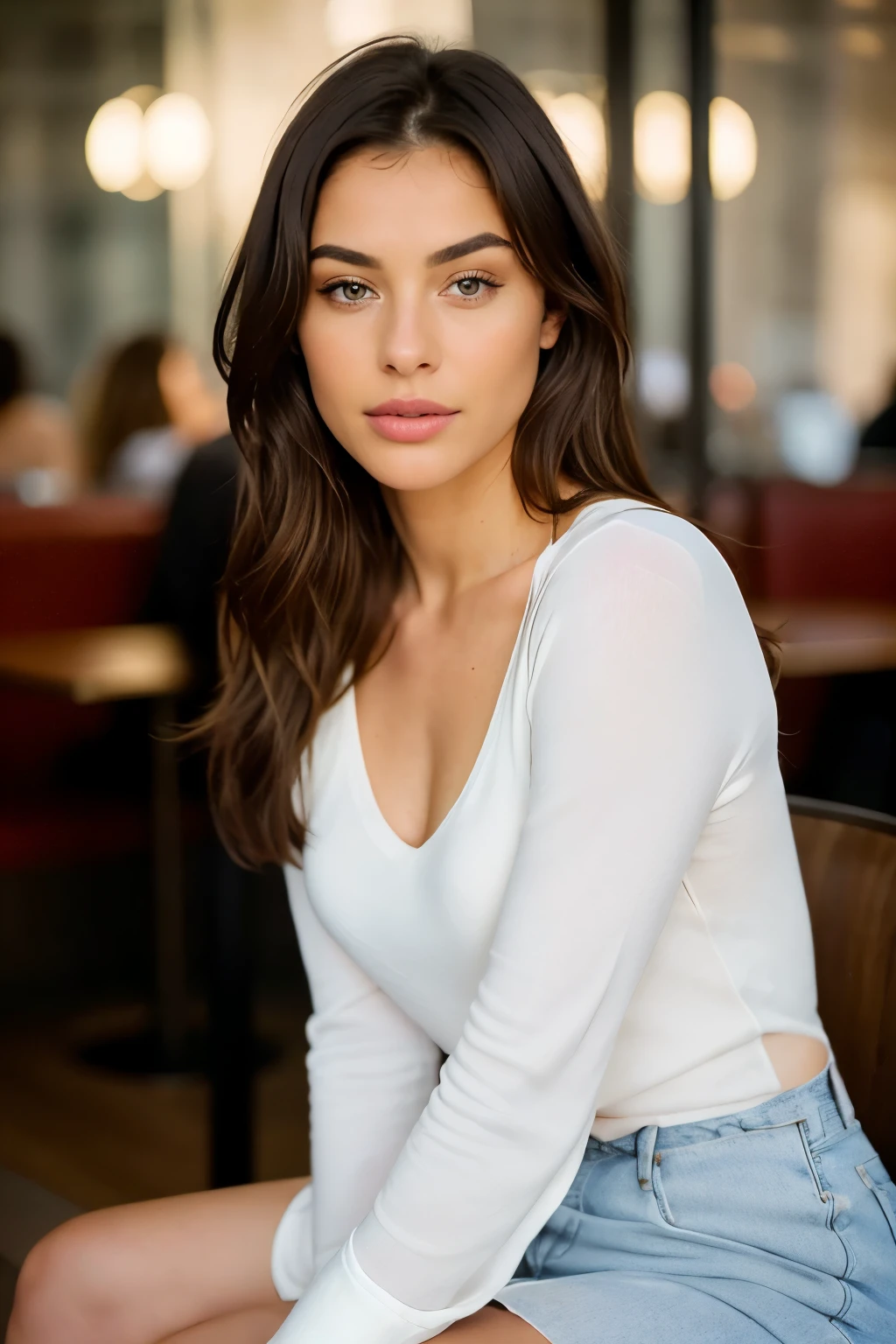 Photorealistic, ultra-detailed, Brunette Goddess, Full-Body Portrait, Solo, sitting, modern café scene, twilight, charming café ambiance, elegant, sophisticated, 27 years old, brunette hair with large expressive hazel eyes, no makeup, natural beauty accentuated by subtle makeup, high-resolution, masterpiece, best quality, intricate details, highly detailed, sharp focus, realistic skin texture, texture, detailed eyes, professional, 4k, satisfying pose, shot on Canon, 85mm, shallow depth of field, Kodak Vision Color, perfectly fitting wardrobe, extremely detailed, photography_\(ultra\), photore