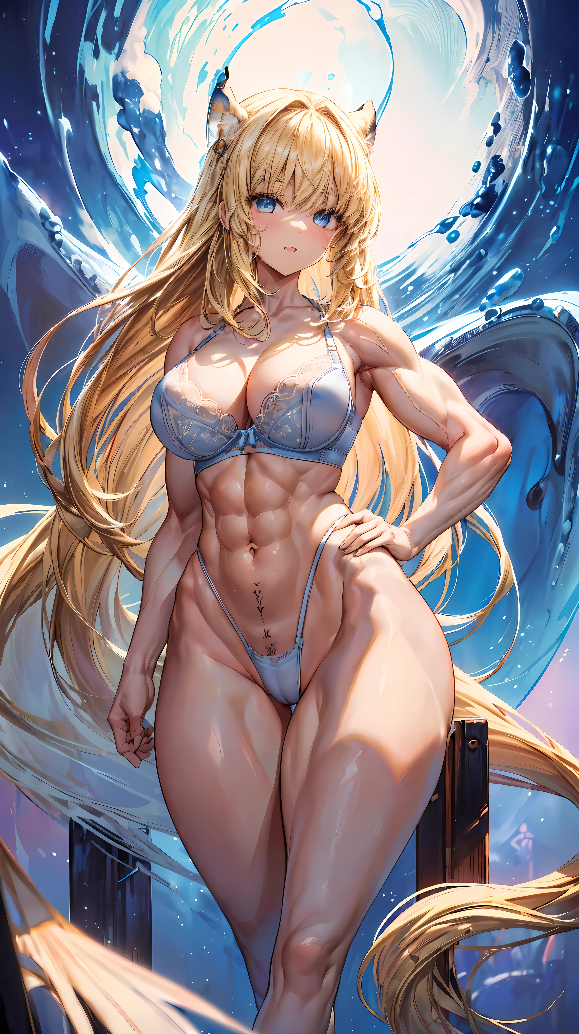Very detailed、highest quality、Best image quality、masterpiece、8k、Anime Face、A kind smile、(Open your mouth:1.3)、Sparkling blue eyes、(Blonde semi-long hair:1.5)、(Muscles of the whole body:1.3)、(highleg:2.0)、Thigh belt、(Cowboy Shot:1.5)、(SFW Giant)、(Thick body:1.2)、(bra:1.5)、(sxspnts)、(Hands on hips:1.1)