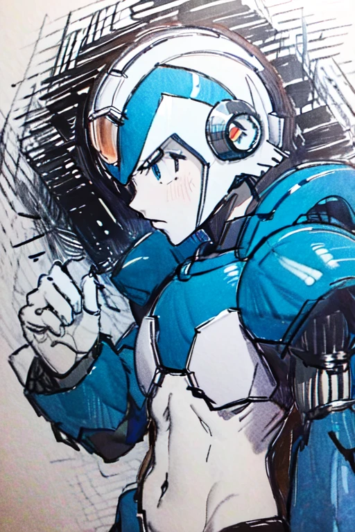 best quality, masterpiece, sketchï¼monochrome, traditional media, Pencil drawing, x_megamanx, solo, 1boy, male focus, helmet, android, blue armor, green eyes, masterpiece, high quality, portrait, detallado, mirando su mano, brazo extendido,clenched fist, manos bien definidas,solo cinco dedos, manos detalladas, serious look, triste, enfocado al horizonte, cuerpo completo, de pie, pensativo, detallado ojos azules,