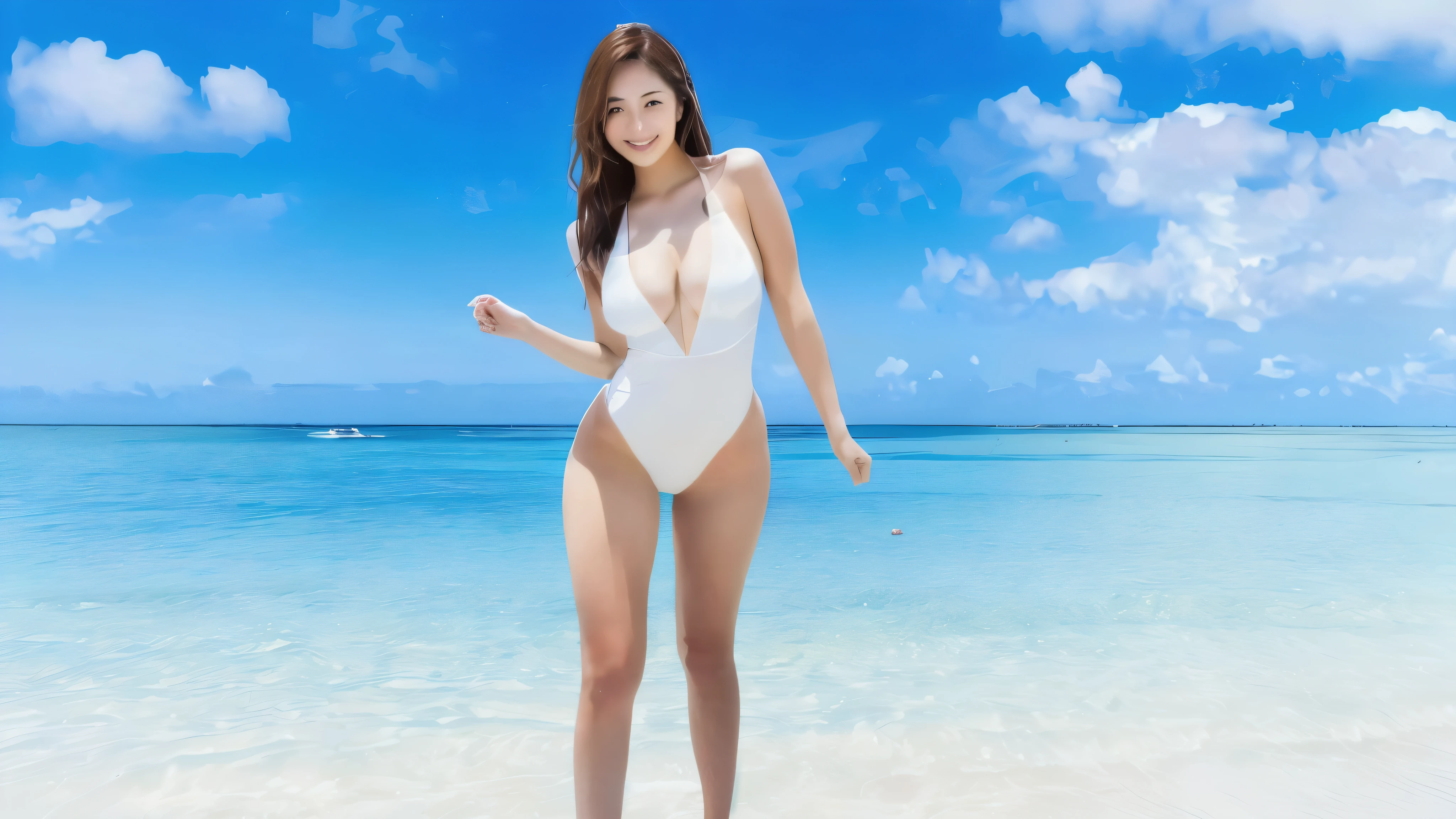 there is a woman in a white Swimwear standing on the beach, is wearing a Swimwear, Swimwear, Yoshitomo Nara, deayami kojima, aoshima chiho, Photorealistic perfect body, It&#39;s hot with the shining sun, Cute girl in a tank top, Swimwear model, Swimwear, wet Swimwear, Anaglyph Effect Ayami Kojima