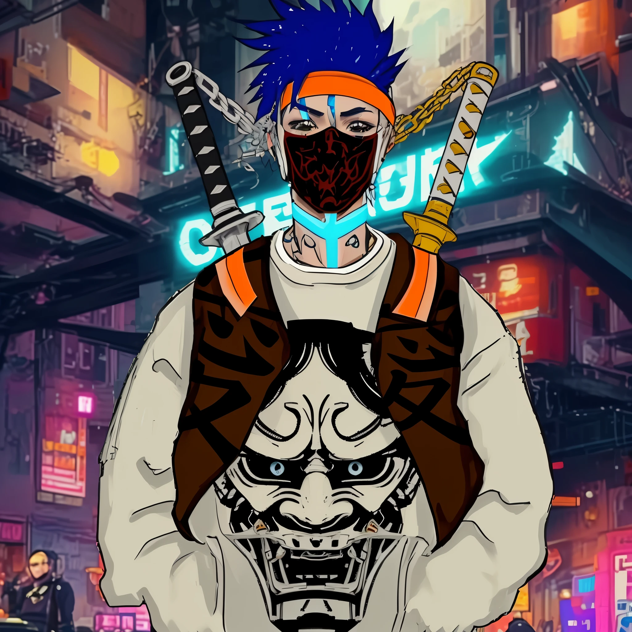 anime character with a mask and a sword in a city, cyberpunk street thug, cyberpunk samurai, estilo de arte ciberpunk, cyberpunk art style, neon samurai, anime ciberpunk art, samurai urbano, portrait of a cyberpunk samurai, arte del anime ciberpunk, digital arte del anime ciberpunk, en estilo ciberpunk, anime ciberpunk, ciberpunk digital - arte anime, ropa de calle ciberpunk, tipo ciberpunk, anime ciberpunk moderno