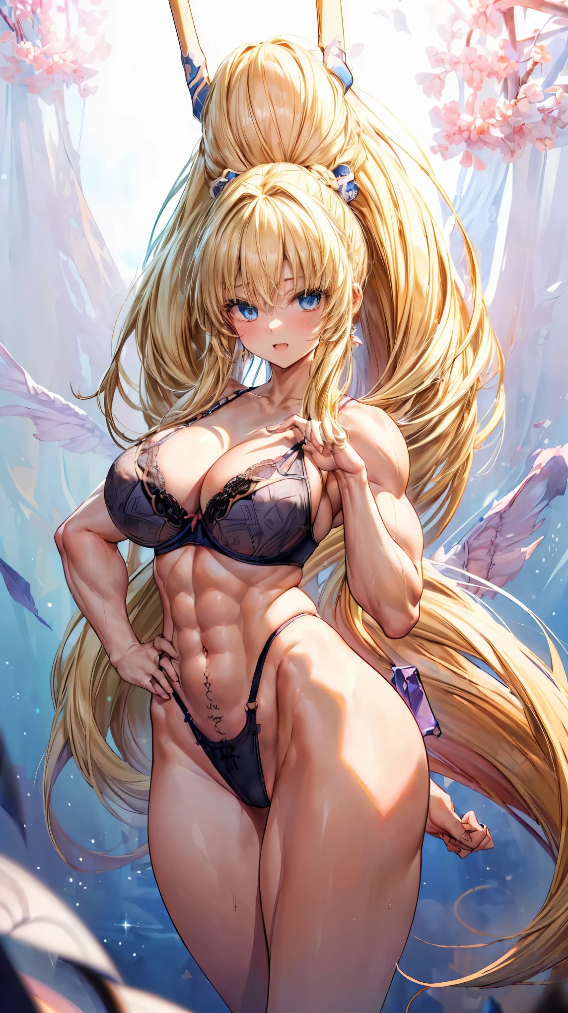 Very detailed、highest quality、Best image quality、masterpiece、8k、Anime Face、A kind smile、(Open your mouth:1.3)、Sparkling blue eyes、(Blonde semi-long hair:1.5)、(Muscles of the whole body:1.3)、(highleg:2.0)、Thigh belt、(Cowboy Shot:1.5)、(SFW Giant)、(Thick body:1.2)、(bra:1.5)、(sxspnts)、(Hands on hips:1.1)