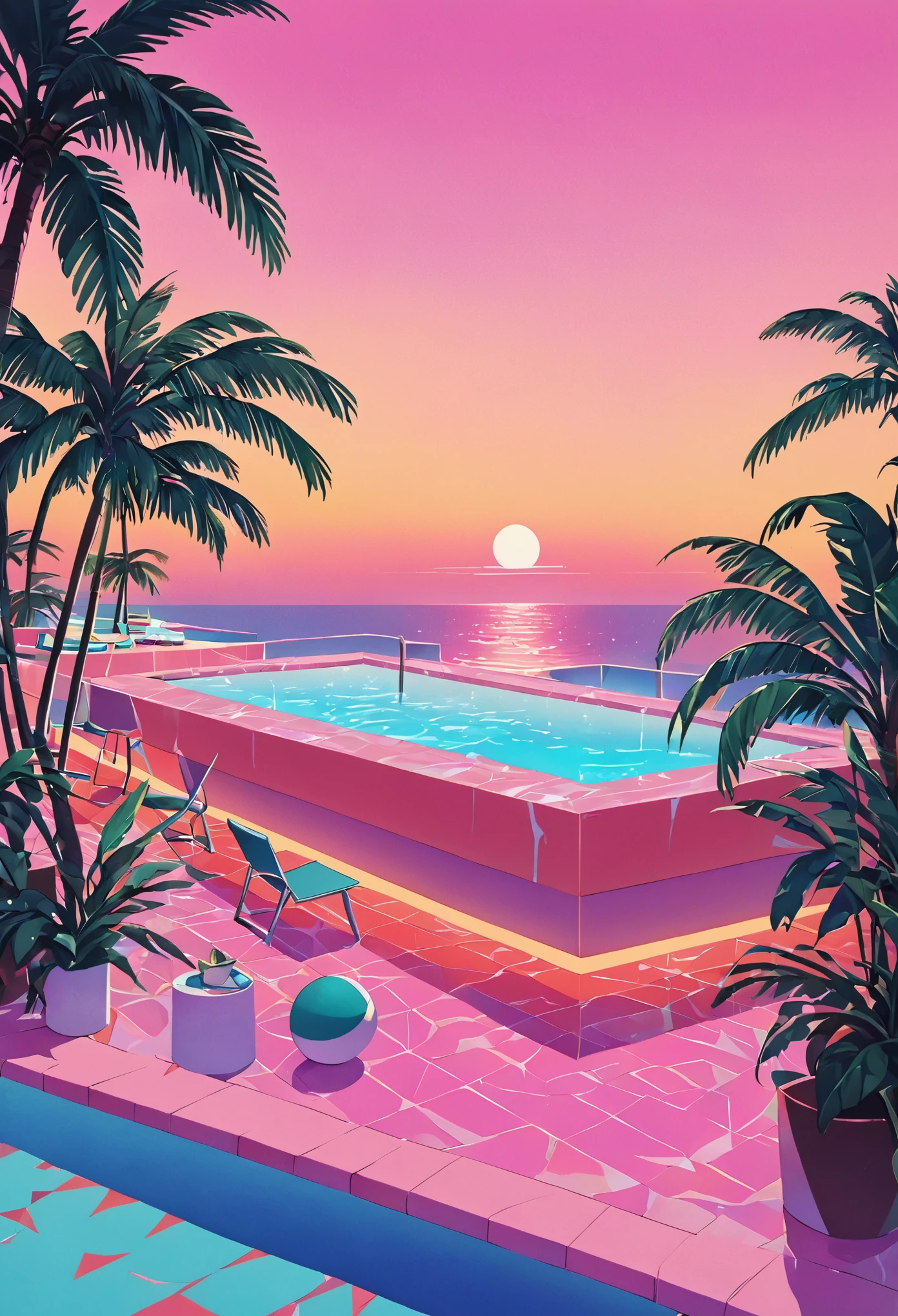 Envision an artwork deeply immersed in the vaporwave aesthetic of the 80s, inspired by Yoko Honda’s vibrant style. Picture a retro-futuristic pool and beach scene at sunset, where the sky blazes with the warm hues of an 80s summer sunset—intense oranges, pinks, and reds reflecting off the tranquil sea and pool waters. Around the pool, neon-lit palm trees and coconut trees sway gently, enhancing the tropical and surreal atmosphere. Neon lights in geometric patterns illuminate the scene, casting a dreamlike glow over everything. The background features a chic beachside bar with interiors visible through large glass windows, showcasing a room with pastel-colored walls and floors covered in luxurious terrazzo and marble textures. The overall ambiance combines nostalgic luxury with vibrant, warm color palettes, creating a scene that is both timeless and distinctly evocative of the 80s.