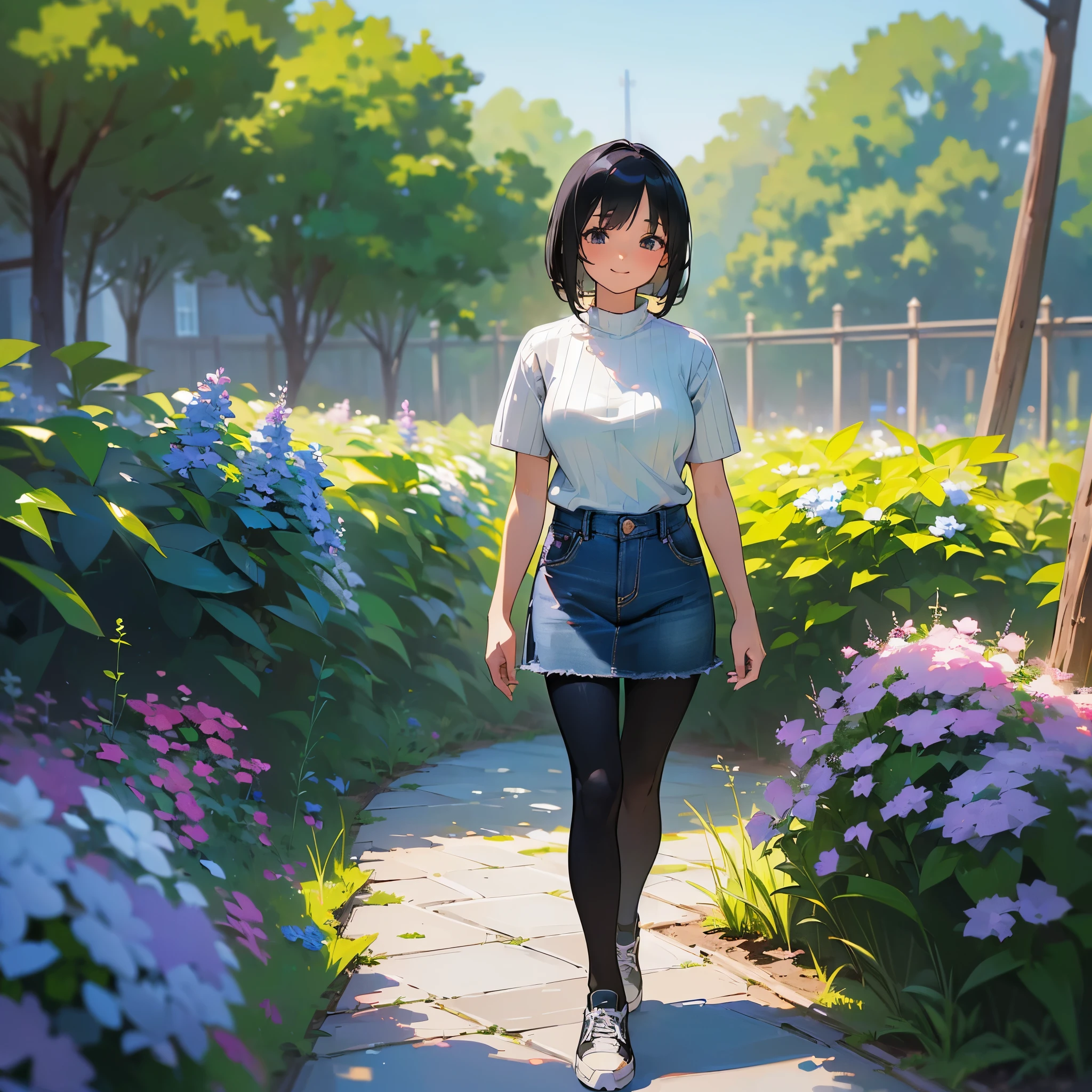 (high quality, High resolution, Very detailed, reality:1.37), Peaceful atmosphere, (Outdoor, garden), Teenage girl standing alone, (my breasts are big.), Beautiful details, Cute Smile, (Black bob hair), Short sleeve ribbed sweater, Denim skirt, Black tights, sneakers.