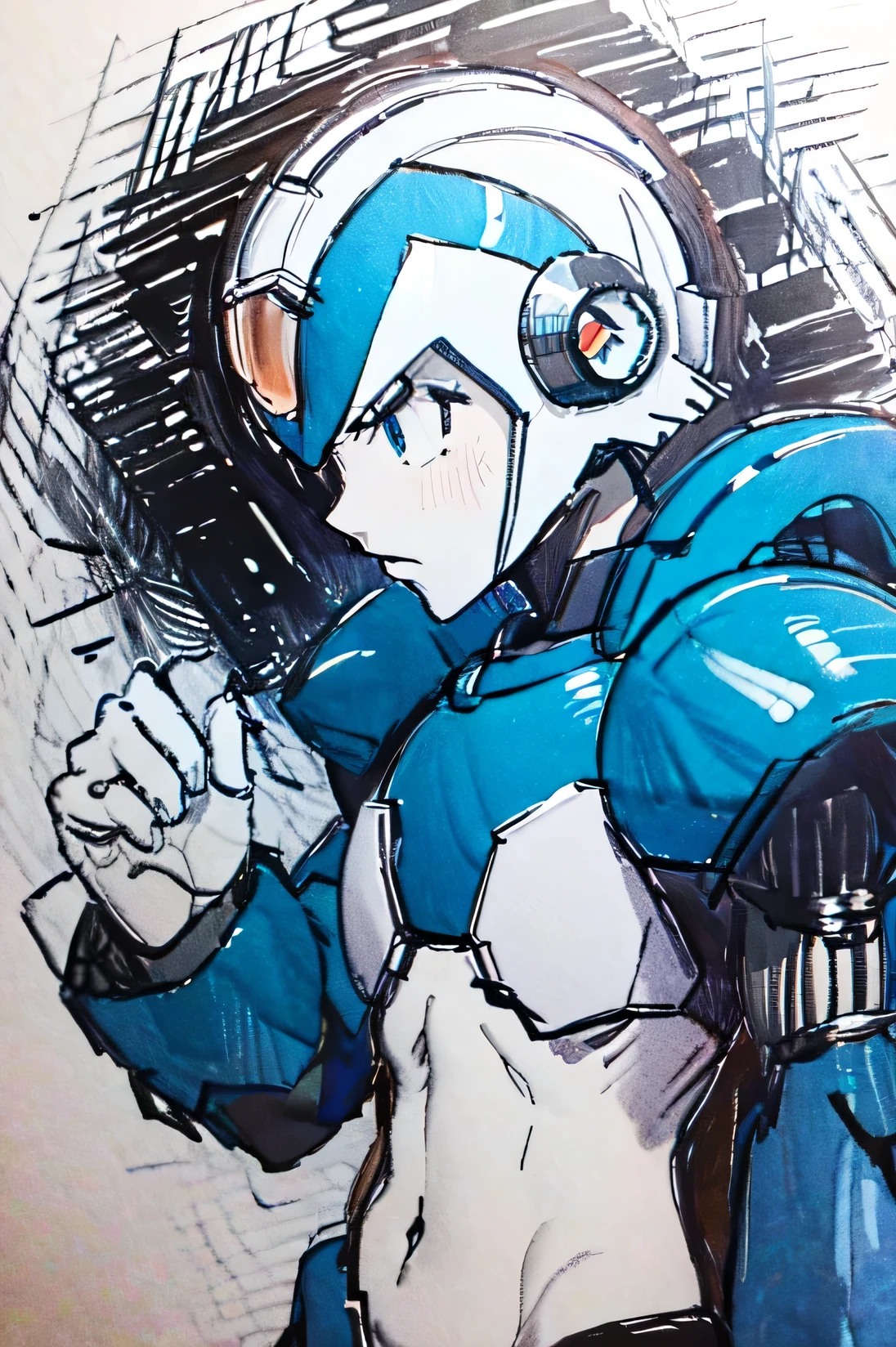 best quality, masterpiece, sketchï¼monochrome, traditional media, Pencil drawing, x_megamanx, solo, 1boy, male focus, helmet, android, blue armor, green eyes, masterpiece, high quality, portrait, detallado, mirando su mano, brazo extendido,clenched fist, manos bien definidas,solo cinco dedos, manos detalladas, serious look, triste, enfocado al horizonte, cuerpo completo, de pie, pensativo, detallado ojos azules,