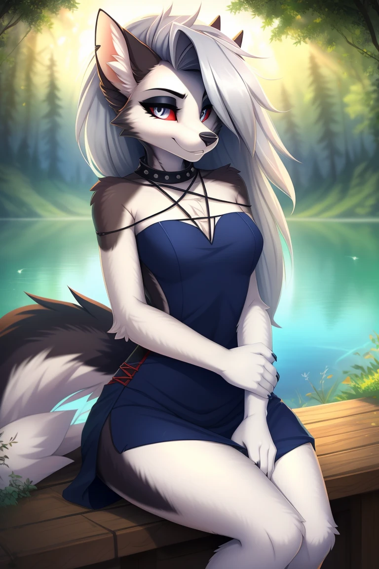 By zinfyuu on pixiv,by twistedscarlet60, uploaded on pixiv, by fluff-kevlar, (masterpiece), (best quality), (anthro furry:1.3, snout:1.2, anthro:1.3, furry:1.2, solo female:1.2), (extremely detailed:1.3), (red_detailed_eye), wearing white dress, sfw, forest, sitting, lake, nature beauty, view on viewer, loona