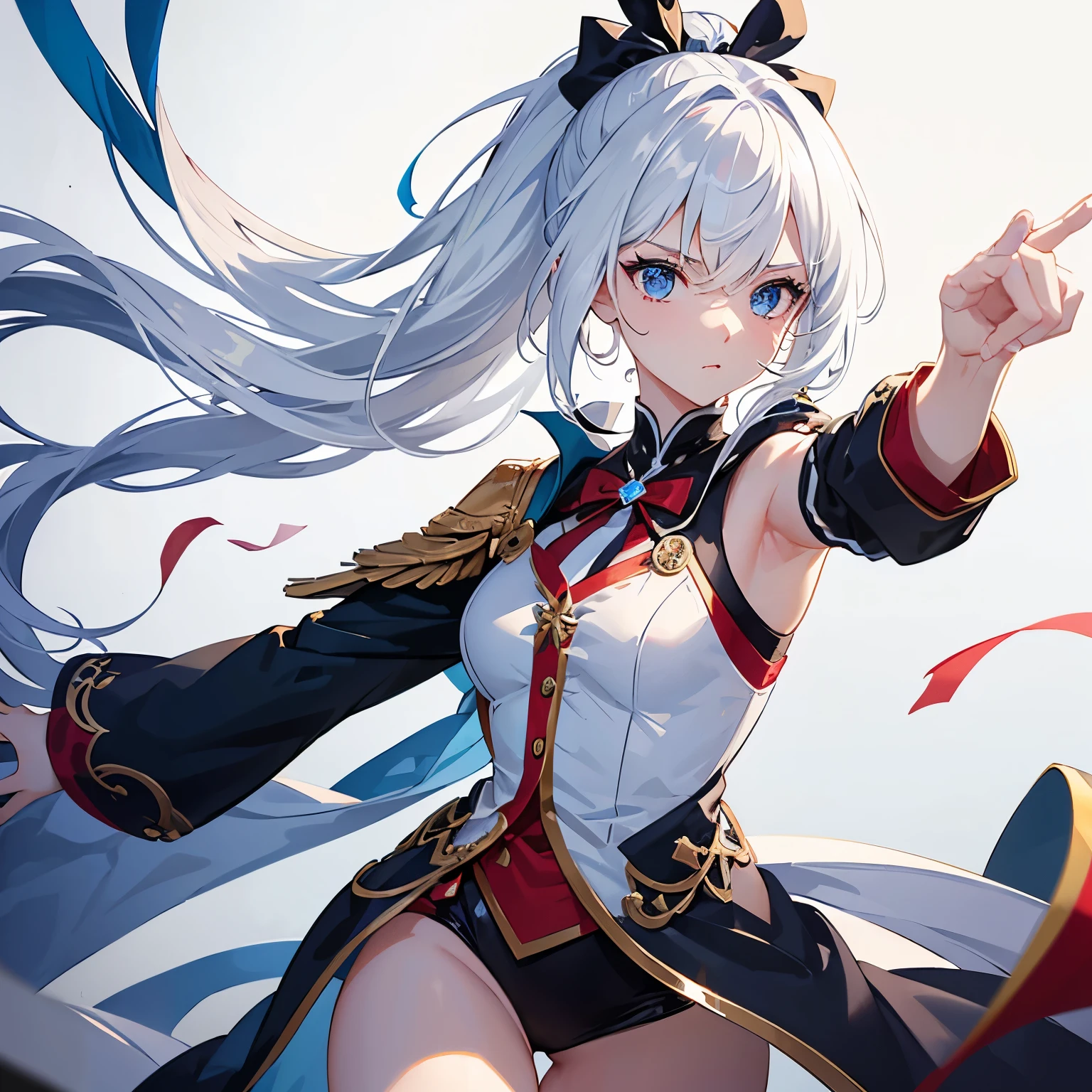 One with white hair and blue eyes with her hair tied with a red ribbon and a scratch on her cheek and giving a high kick