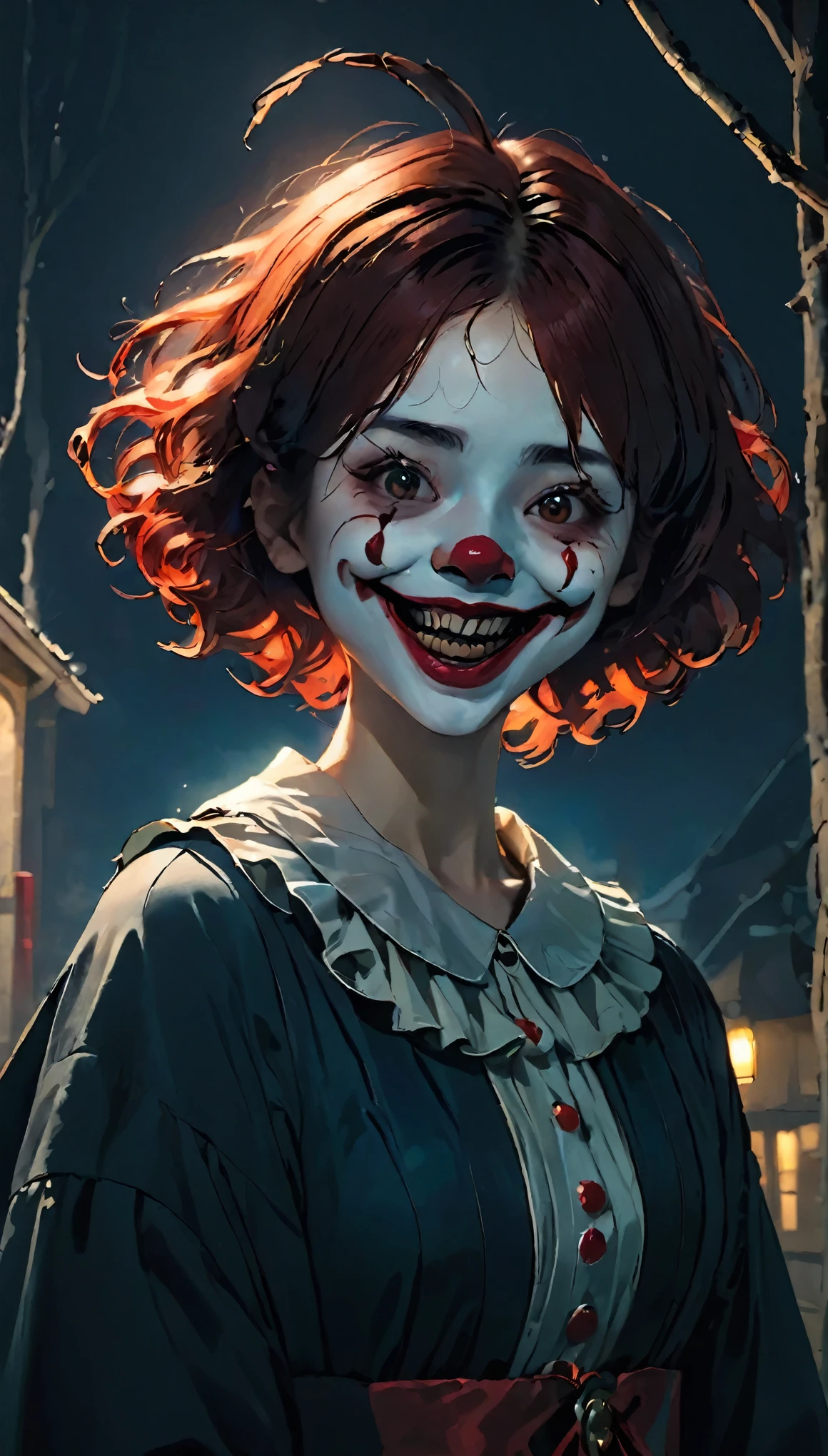 highest quality,Horror,spooky笑顔,Red Nose,Detailed face,Scary atmosphere,Dark Background,Dramatic lighting,Sharp focus,an  ominous,evil夢,Scary Clown,Scary expressions,emotion,Exposing teeth,Big smile,Red lips,evil,Ghostly,evil夢のような,Anxious,Night Scenery,spooky笑い,Strong gaze,A frightening personality,Distorted face,Threatening,Gothic,Sharp Eye,evil夢のような scenery,spooky,Anxious,Horror movie aesthetic,evil夢 fuel,Ghostlyly beautiful,A terrifying presence,evil夢-inducing,Shadow,spooky雰囲気