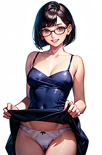(masterpiece), (8k, best quality, high resolution), (ultra-detailed, realistic), (anatomically correct),
((from head to thighs)), (Standing), (No background),
(1woman), (looking at viewer), (pull the dress up to the navel),
(A Japanese woman, 30 years old and 155cm tall),
(black hair), (straight hair), (short hair style), ((bob cut)), (hair behind ears),
(wear glasses), ((black cell frame glasses)),
((Wear a navy blue spaghetti strap dress)), ((Mini length dress with a simple design and minimal decoration)),
(wear panties), ((white panties)),
(Create a detailed image of the eye),
(Her impression is pure, clean and kind.),
((A captivating smile, just showing a few teeth.)),