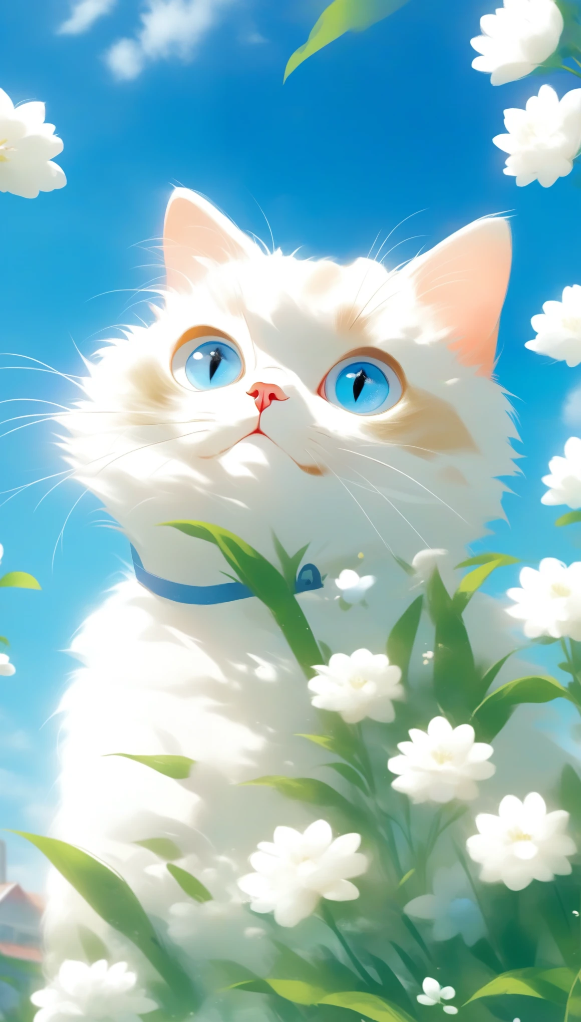 looking_at_viewer, blue_eyes, flower, outdoors, sky, day, cloud, blue_sky, no_humans, animal, cat, white_flower, realistic, animal_focus, white_cat