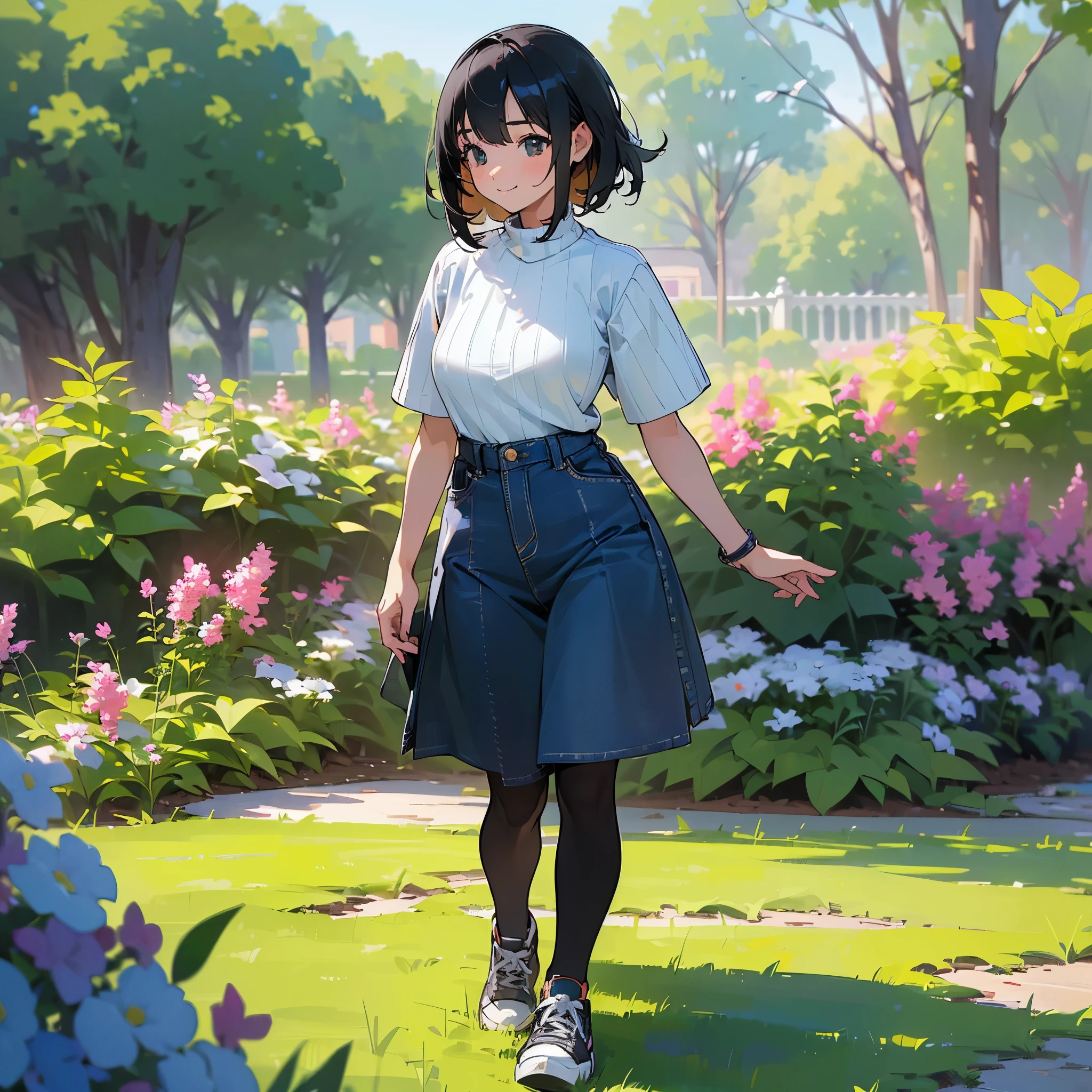 (high quality, High resolution, Very detailed, reality:1.37), Peaceful atmosphere, (Outdoor, garden), age girl standing alone, (my breasts are big.), Beautiful details, Cute Smile, (Black bob hair), Short sleeve ribbed sweater, Denim skirt, Black tights, sneakers.