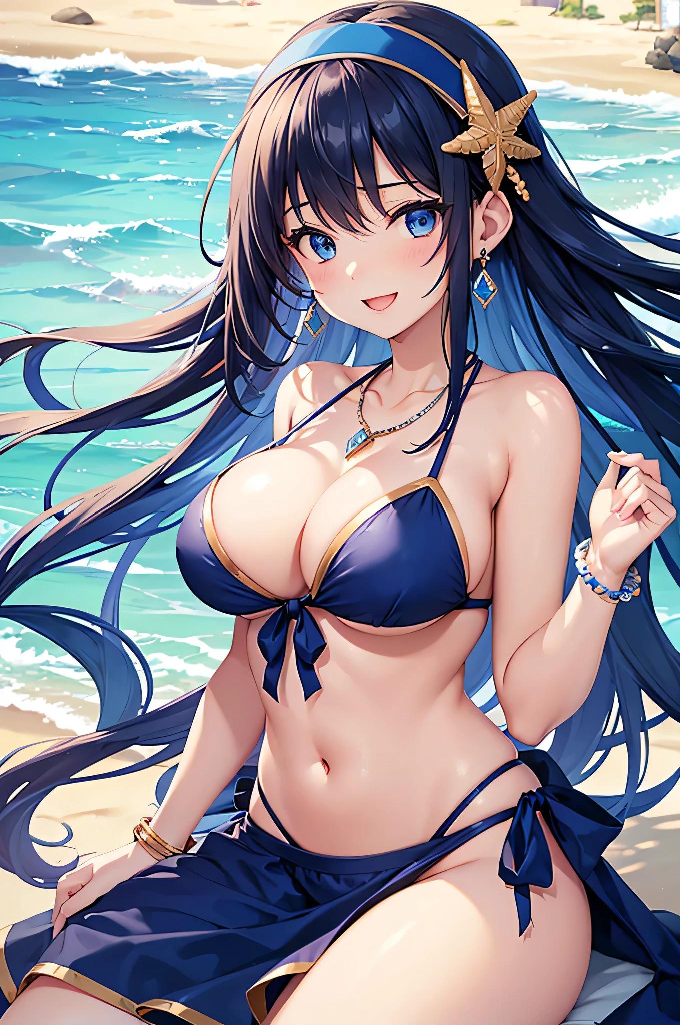 highest quality、Best image quality、masterpiece、beautiful girl、Navy blue long hair、blue eyes、Navy Blue Bikini、Big cleavage、(Big Breasts)、smile、blue necklace、Blue Earrings、background(Beach)、Sexy pose、Please open your mouth wide、White headband、Dynamic Angle、bracelet