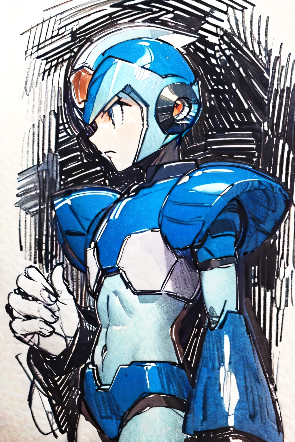 best quality, masterpiece, sketchï¼monochrome, traditional media, Pencil drawing, x_megamanx, solo, 1boy, male focus, helmet, android, blue armor, green eyes, masterpiece, high quality, portrait, detallado, mirando su mano, brazo extendido, mirada a su mano,clenched fist, manos bien definidas,solo cinco dedos, serious look, triste, enfocado al horizonte cuerpo completo, de pie, pensativo, detallado ojos azules,