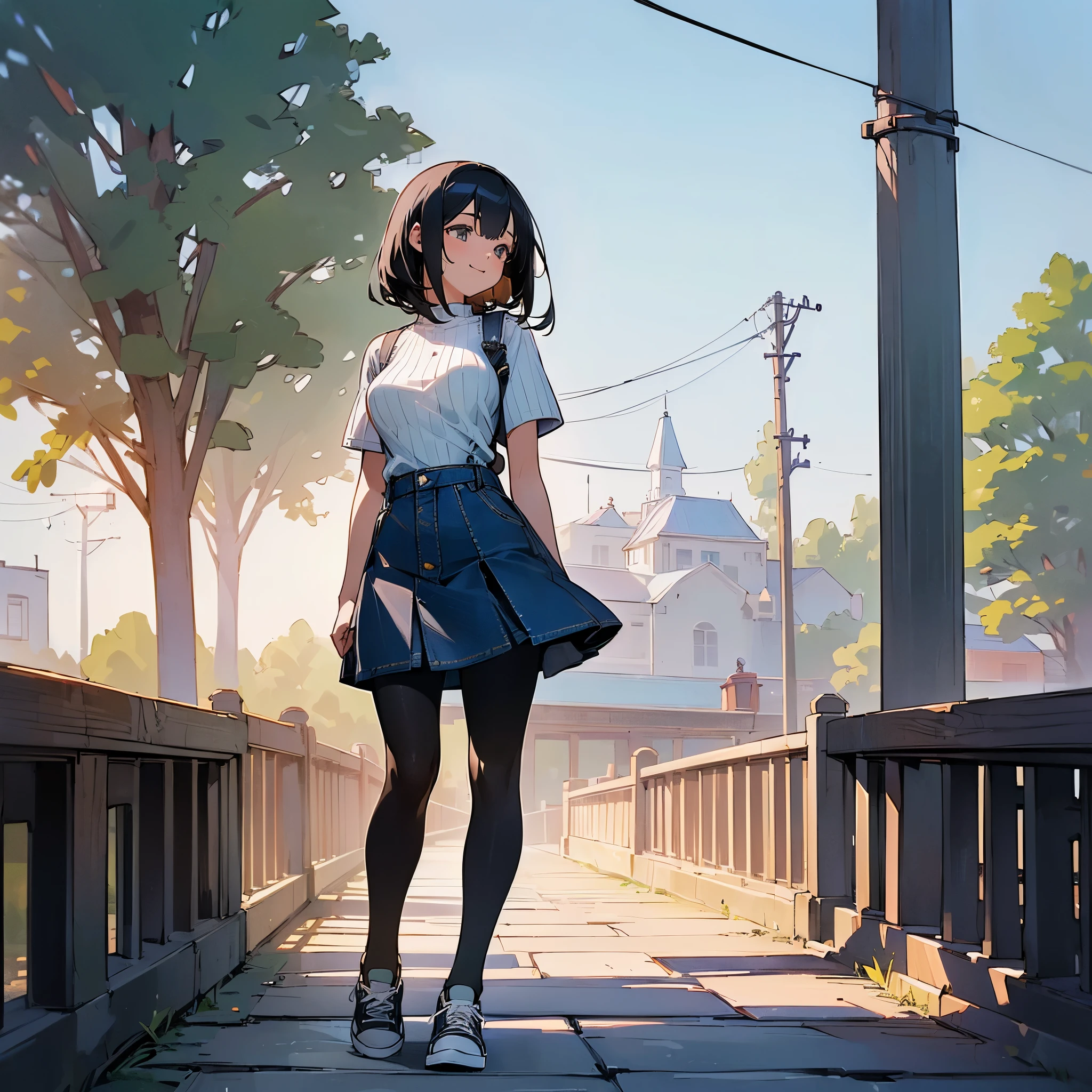 (high quality, High resolution, Very detailed, reality:1.37), Peaceful atmosphere, (Outdoor, garden), Teenage girl standing alone, (my breasts are big.), Beautiful details, Cute Smile, (Black bob hair), Short sleeve ribbed sweater, Denim skirt, Black tights, sneakers.