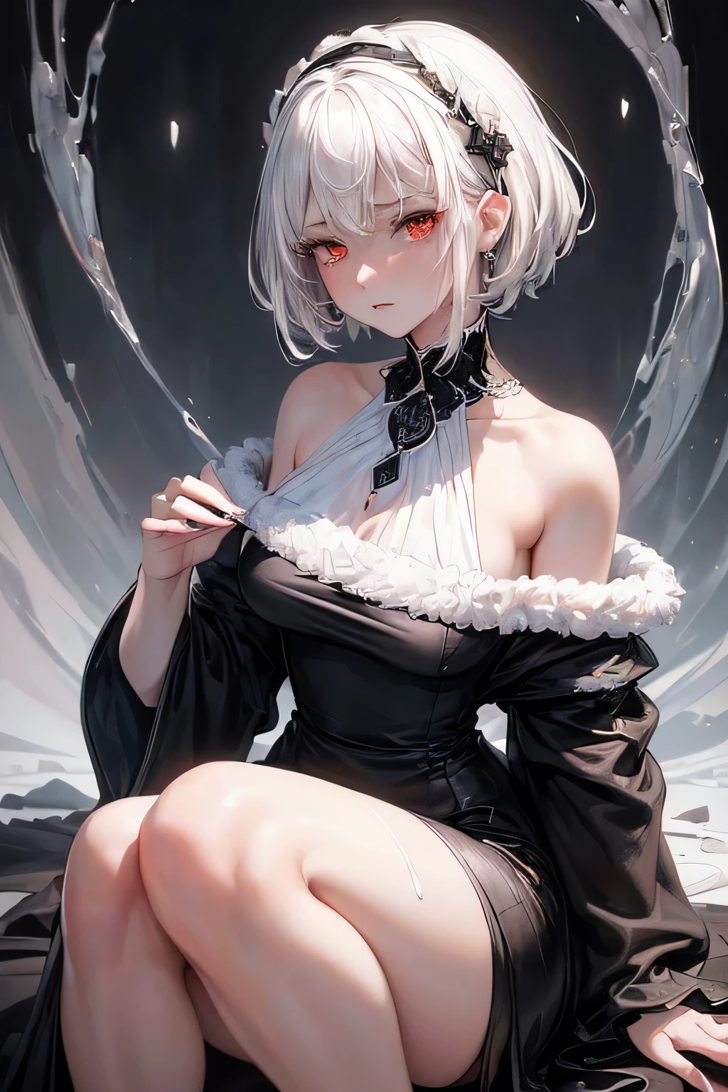 Masterpiece, Best Quality, High Definition, Hi-Res, One Girl, Solo, Blue Eyes, (Tears, Crying, (Open Mouth and Screaming)), Wet Shirt Unbuttoned, Light clothing with holes, All buttons unbuttoned, ((Chest Out:1.6), (Areola Out:1.5)), Fluffy, Cleavage,(Protruding Chest, Off Shoulder, (Bob, Silvery-White Hair), Bangs with Trimmed Bangs, Black socks, eyes half closed, sweaty, soaked, sheer see-through, light clothing, crotch line, water droplets running down the legs, drenched lower body, wet hips, extra crotch drops, three-dimensional feeling of body parts, realistic skin texture, light skin, breast milk dripping, splattered breast milk, (chains, chains, handcuffs, limb restraints, prison, jail, shackles, restraints, dripping breast milk, low angle, from below, thin legs),