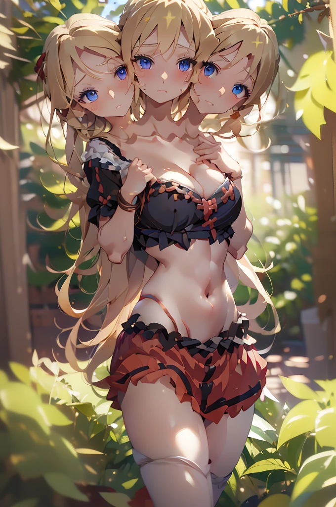 (masterpiece, best quality), best quality, best resolution, (ultra-detailed), (3heads:1.5), 1girl, (medicine melancholy:1.3), masterpiece, best quality, ultra quality, ultra resolution, ultra detail, black top, crop top, ((stomach)), midriff, ((groin)), red skirt, normal ears, shackles, blonde hair, very long hair, wavy hair, sidelocks, blue eyes, parted lips, sweat, cute, open belly, toned belly, hand on own chest, eyelashes, (23 year old woman:1.3), (masterpiece:1.5), (best quality:1.5), (beautiful detailed extremely detailed CG, extremely delicate and beautiful, depth of field, (finely detailed face), (perfect details:1.3), (mature female:1.3), wide pelvis, slender, large veiny breast, 16k resolution, highres, high quality, high definition, extremely detailed, masterpiece, blonde hair, long hair, alluring presence, braid, short skirt, close up, big tits, young, red ribbon,