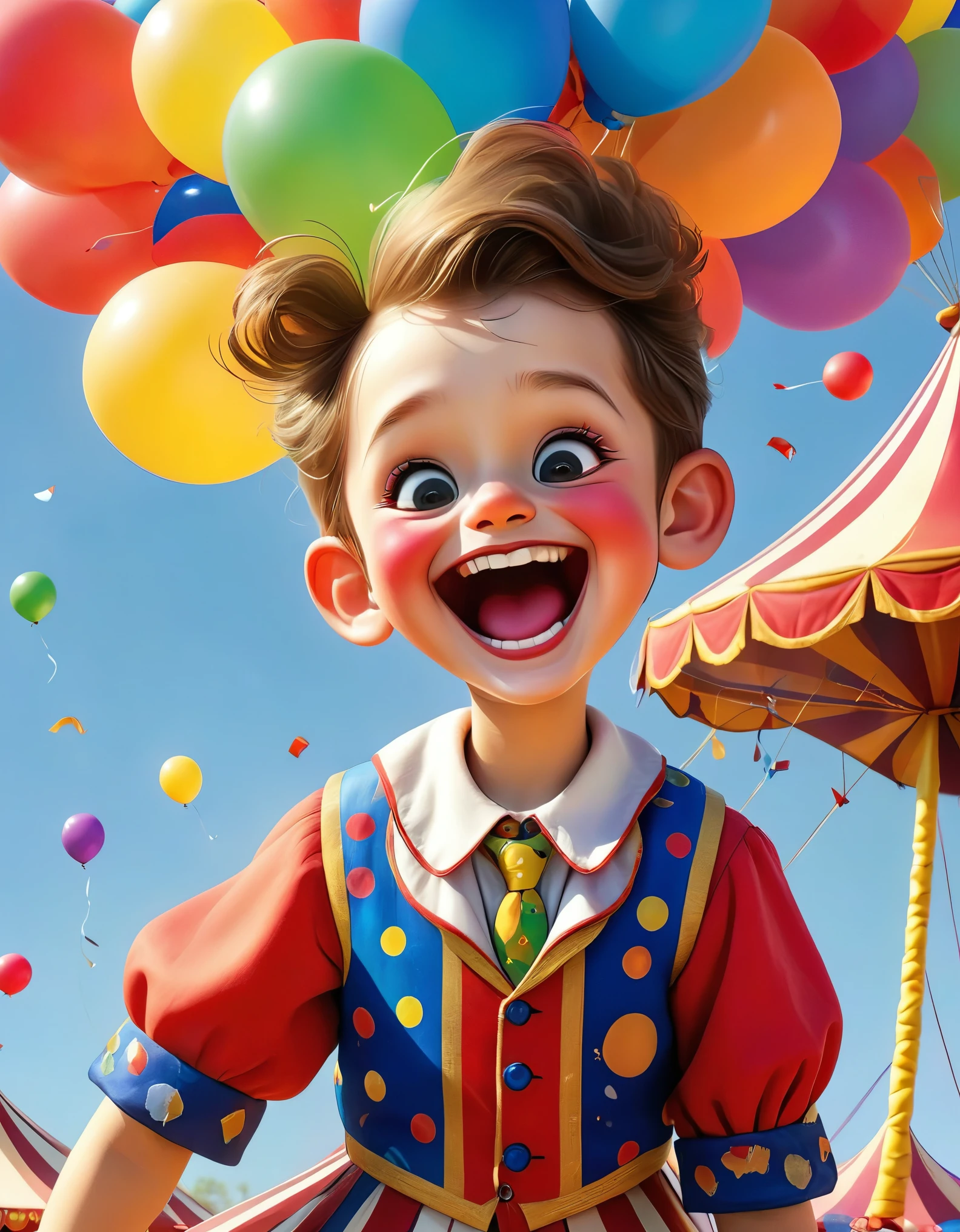 (best quality, high resolution), detailed, Vibrant colors, happy children, Entertainment, balloon, Funny facial expressions, Exaggerated gestures, Circus tent, circus props, laughter, amusement park, Children's entertainment, Full of energy, magic, Audience interaction, Big Shoes, Colorful clothing, trick, balloon动物, Circus music, laughter and applause
