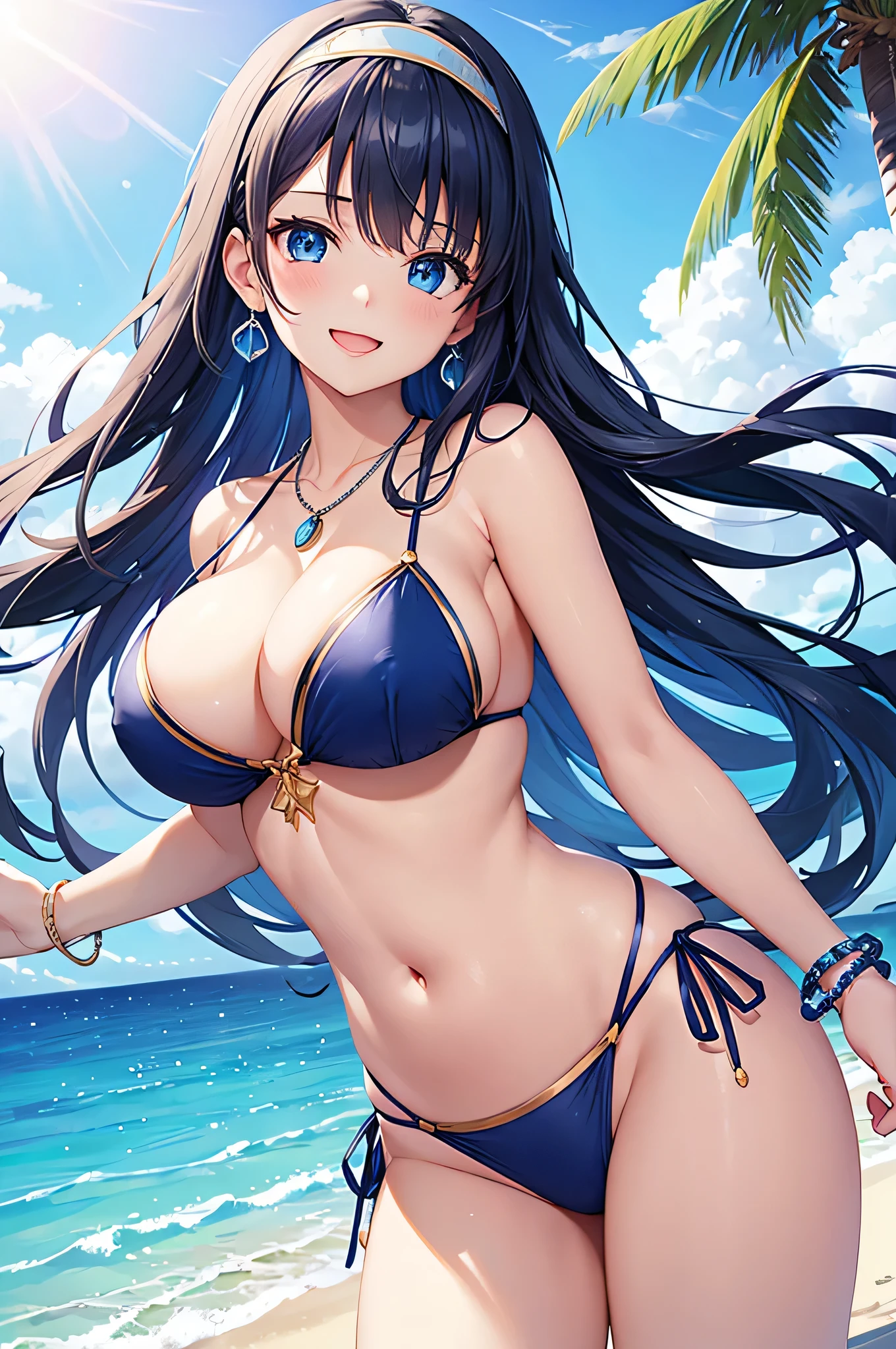 highest quality、Best image quality、masterpiece、beautiful girl、Navy blue long hair、blue eyes、Navy Blue Bikini、Big cleavage、(Big Breasts)、smile、blue necklace、Blue Earrings、background(Beach)、Sexy pose、Please open your mouth wide、White headband、Dynamic Angle、bracelet