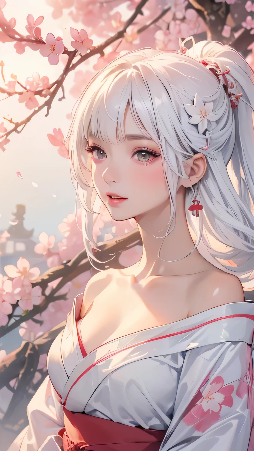 ((Styled white hair:1.5))(Japan kimono with cherry blossom pattern:1.3), Symmetric, (highest quality, Realistic:1.4, RAW Photos:1.2, Cinematic Light, Highly detailed illustration), (1woman:1.3, alone), (Asian Girl, Very delicate face, Super beautiful face, Very delicate eyes, Highly detailed nose, Very sophisticated mouth, Highly detailed facial features), woman, (Medium Bust:1.3), skin, Lip gloss, Laughter, Full Body View, High resolution, High resolution, 8k, Masterpiece 2:1, Skin radiance, Shining skin, Young girl,（ Kyoto、Scattering cherry blossoms）、(Off the shoulder, Scapula、kimono、Exposing shoulders、Beautiful cleavage)
