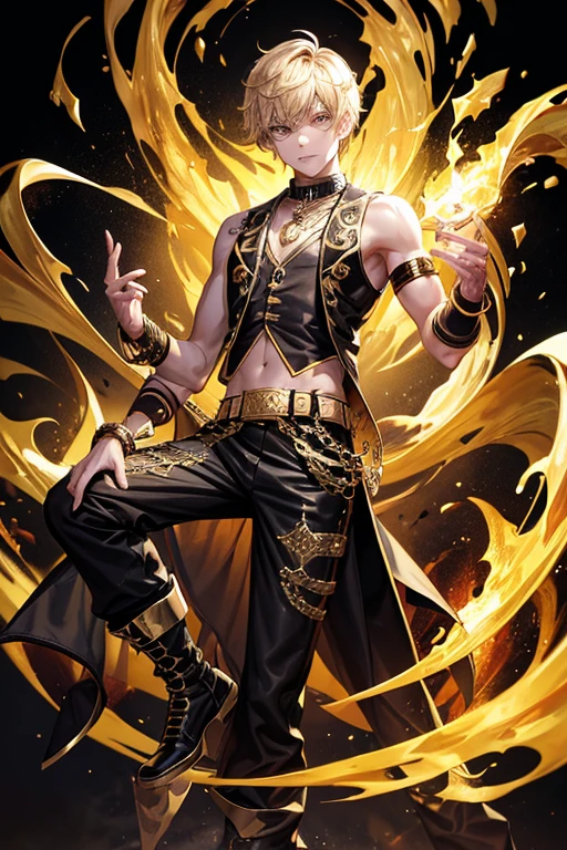 Peter Pan, 15 years old, short dark golden yellow hair, short messy hair, dark black eyes, djinn clothing, light black sleeveless open vest, light black vest with gold Arabic print, light silver Arabic pants, gold belt, djinn bracelet with silver gems, brown boots, phosphorescent red tattoos, surrounded by fire and yellow smoke, delegated muscles, hands tied with chains and feet surrounded by white chains, golden magic circles on each hand on a background of Arab ruins.