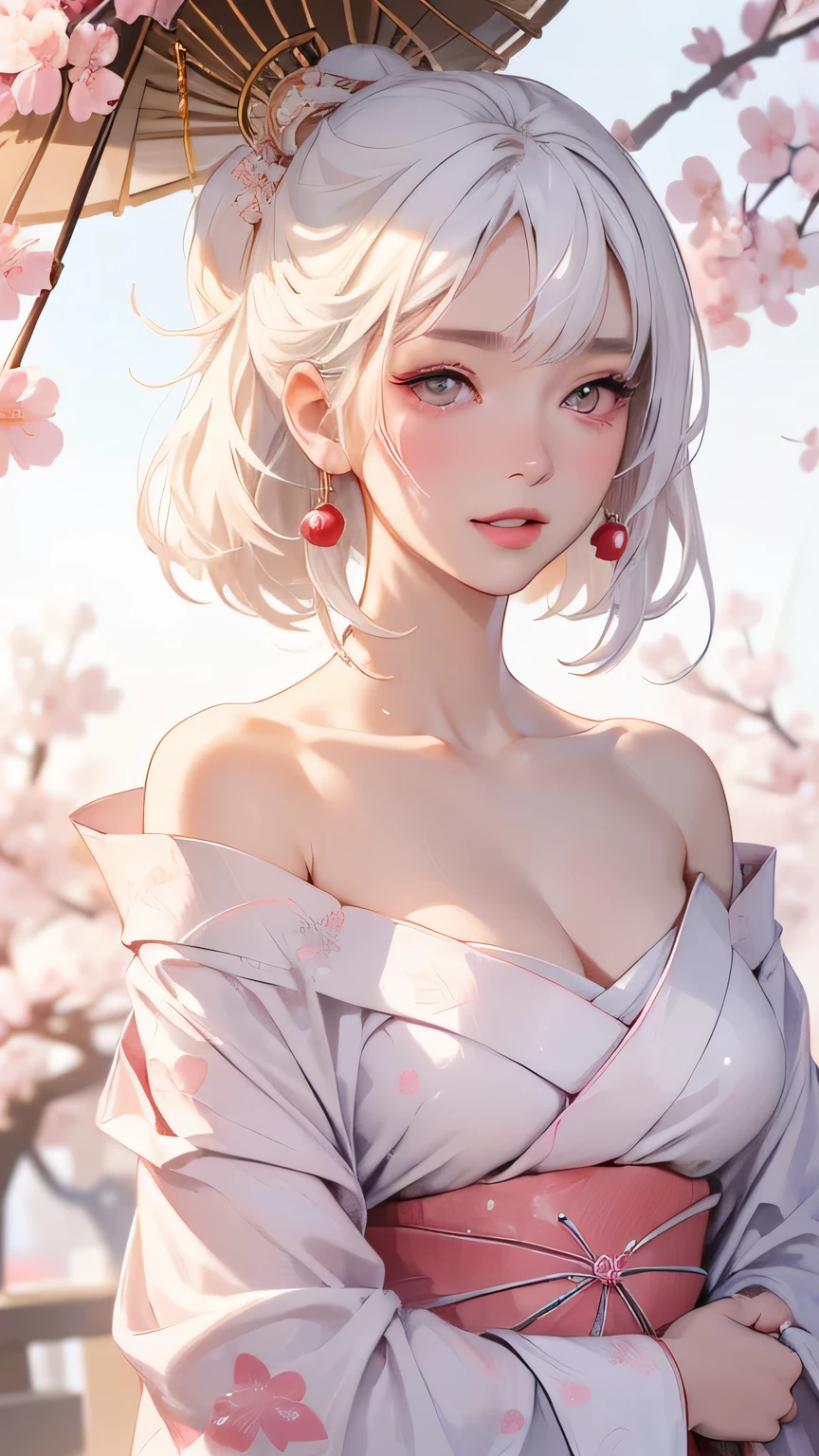((Styled white hair:1.5))(Japan kimono with cherry blossom pattern:1.3), Symmetric, (highest quality, Realistic:1.4, RAW Photos:1.2, Cinematic Light, Highly detailed illustration), (1woman:1.3, alone), (Asian Girl, Very delicate face, Super beautiful face, Very delicate eyes, Highly detailed nose, Very sophisticated mouth, Highly detailed facial features), woman, (Medium Bust:1.3), skin, Lip gloss, Laughter, Full Body View, High resolution, High resolution, 8k, Masterpiece 2:1, Skin radiance, Shining skin, Young girl,( Kyoto、Scattering cherry blossoms)、(Off the shoulder, Scapula、kimono、Exposing shoulders、Beautiful cleavage)