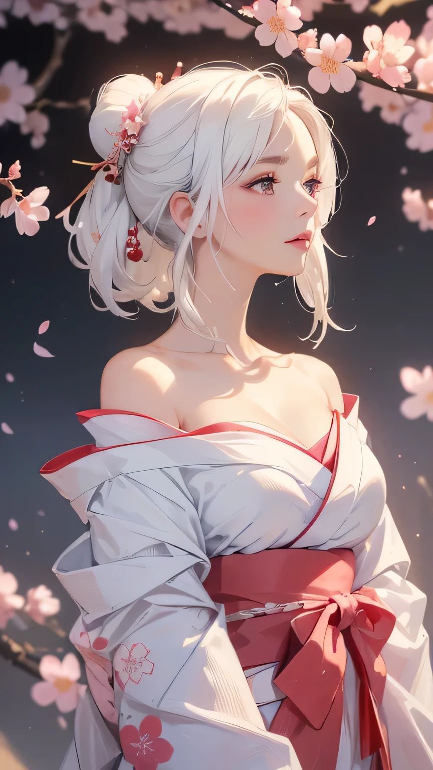 ((Styled white hair:1.5))(Japan kimono with cherry blossom pattern:1.3), Symmetric, (highest quality, Realistic:1.4, RAW Photos:1.2, Cinematic Light, Highly detailed illustration), (1woman:1.3, alone), (Asian Girl, Very delicate face, Super beautiful face, Very delicate eyes, Highly detailed nose, Very sophisticated mouth, Highly detailed facial features), woman, (Medium Bust:1.3), skin, Lip gloss, Laughter, Full Body View, High resolution, High resolution, 8k, Masterpiece 2:1, Skin radiance, Shining skin, Young girl,（ Kyoto、Scattering cherry blossoms）、(Off the shoulder, Scapula、kimono、Exposing shoulders、Beautiful cleavage)
