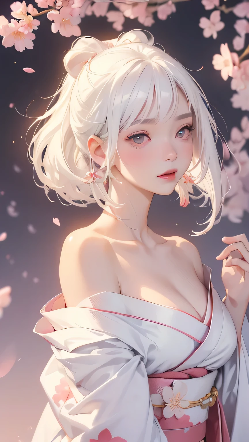 ((Styled white hair:1.5))(Japan kimono with cherry blossom pattern:1.3), Symmetric, (highest quality, Realistic:1.4, RAW Photos:1.2, Cinematic Light, Highly detailed illustration), (1woman:1.3, alone), (Asian Girl, Very delicate face, Super beautiful face, Very delicate eyes, Highly detailed nose, Very sophisticated mouth, Highly detailed facial features), woman, (Medium Bust:1.3), skin, Lip gloss, Laughter, Full Body View, High resolution, High resolution, 8k, Masterpiece 2:1, Skin radiance, Shining skin, Young girl,( Kyoto、Scattering cherry blossoms)、(Off the shoulder, Scapula、kimono、Exposing shoulders、Beautiful cleavage)