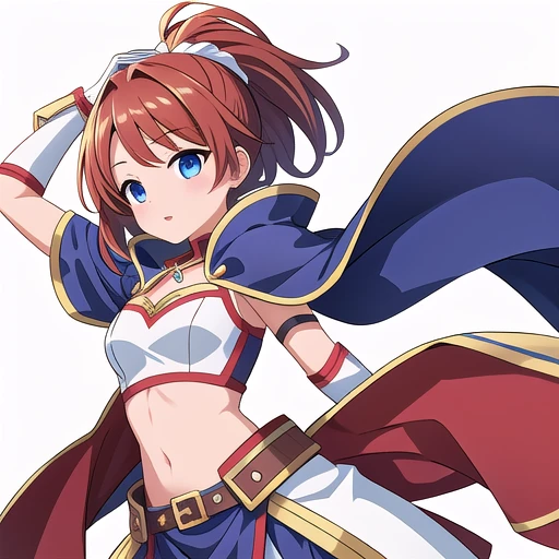 solo female, midriff, ((( white background))), character focus, fantasy clothes, standing, grove cuff, gloves, character design,