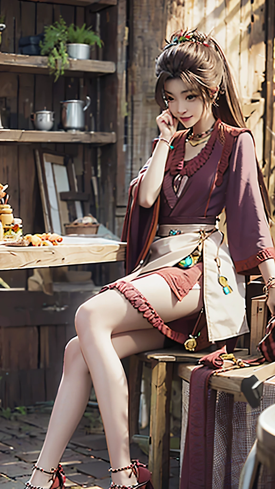 best quality, 1 Girl, Keda, Solitary, Long hair, skirt, Looking at the audience, whole body, sitting,Cross your legs, Eye details, Face details, Body Details, Hair details, Skin details