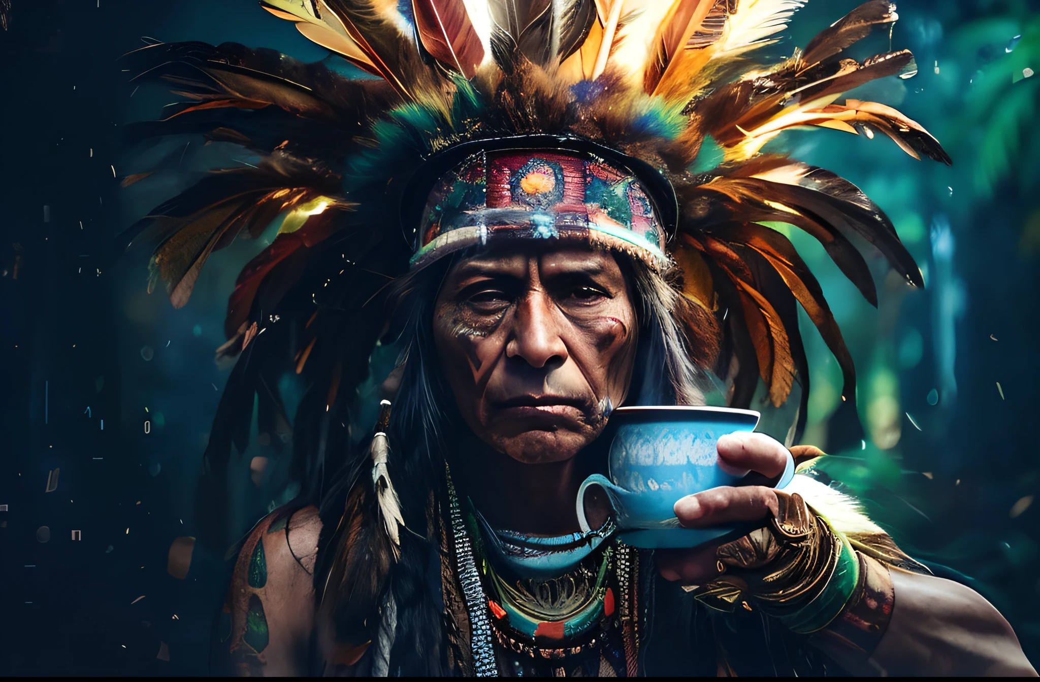 a man in a feather headdress holding a cup of coffee, shaman ayahuasca, Nativo americano, shaman psicodélico, xamanismo, indigenous man, Guerreiro indiano, um shaman sustentando o universo, techno saudável - senhora shaman, Guerreiro nativo americano, shaman, tribo antiga, Um guerreiro nativo americano, indiano, : Fantasia Shamen Nativa Americana, Indigenous soft front light, brilho, HDR, (cores suaves: 1.2) Hiperreal,realista, Realismo, Rendering, alto contraste, digital art photographyrealistic trend on Artstation 8k HD high definition detailed realistic,  detalhado, textura da pele, hiper detalhado, textura de pele realista, armadura, melhor qualidade, ultra-high resolution, (fotorrealista: 1.4), high resolution, detalhado, Calado bruto, re afiado, por lee jeffries Nikon D850 Filme Fotografia de Stock 4 Kodak Portra 400 Lente F1.6 Rich Colors Realistic Texture Dramatic Texture Dramatic Lighting Irrealengine Trend on Artstation Cinestill 800